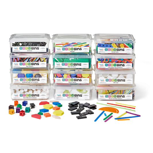 hand2mind STEM Bins Essential Kit by Brooke Brown, STEM Bins for Classroom, STEM Manipulatives for Elementary, STEM Activities, Kids Engineering Building Kits, Science Teacher Supplies (Set of 12)