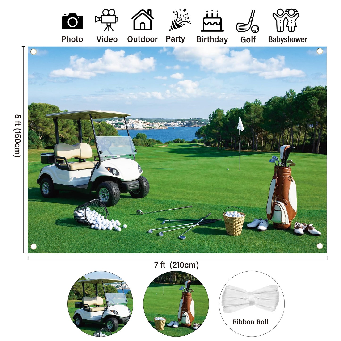 Golf Course Backdrop for Photography - 7x5 ft Golf Sport Holiday Vacation Retirement Backdrop Photo Props Green Grass Blue Sky Lawn Flag Lake Outdoor Sports Backgrounds