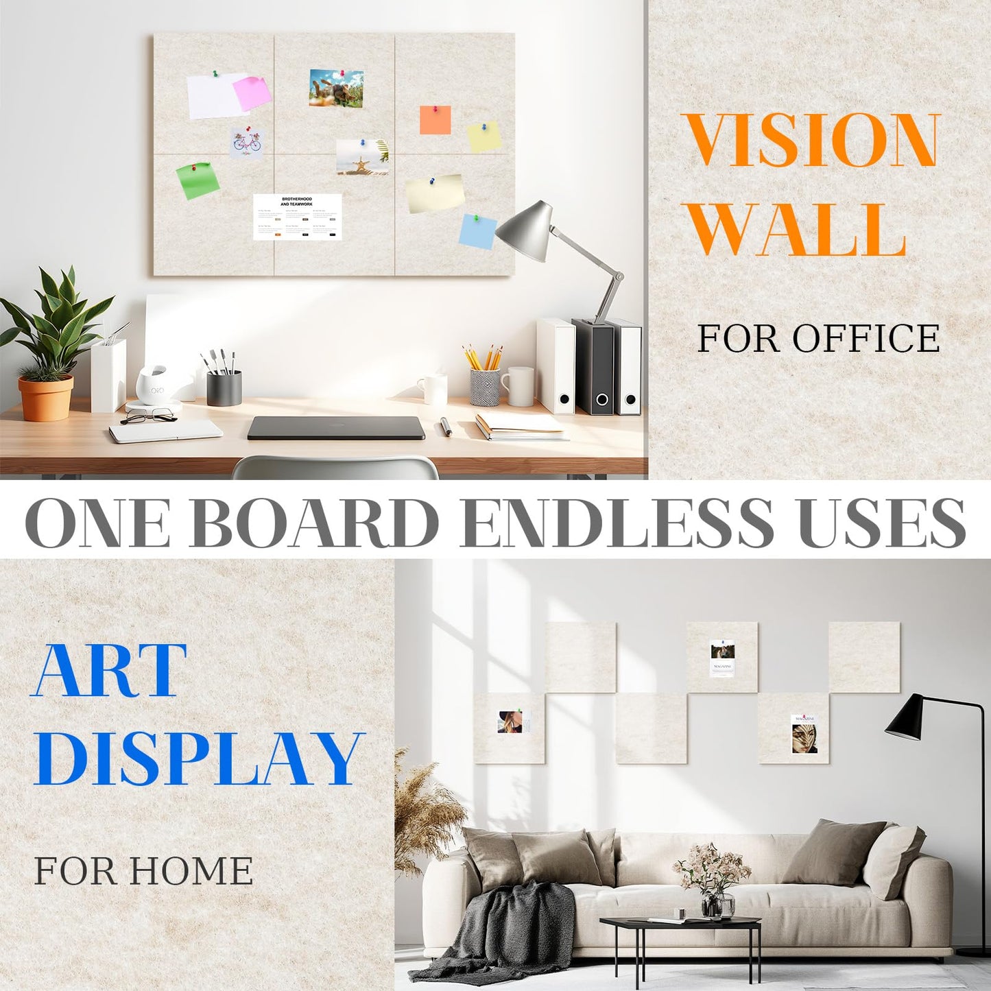 DOLLAR BOSS Felt Cork Board Tiles, 6 Packs 12" x 12" 1/2" Thick Cork Bulletin Board Adhesive Acoustic Panels Soundproof Corkboards for Walls with 60 Pushpins for Home Office Kitchen School, Beige