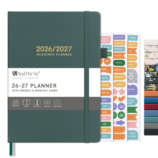 And Per Se Academic Planner 2026-2027 – Weekly & Monthly Planner, July 2026 to June 2027, A5 Leather Hardcover with Inner Pocket – Student & Teacher Organizer, 5.7" x 8"(Green)