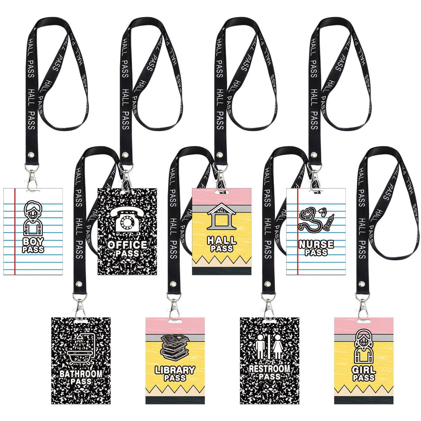 Fuyoooo 16 Set Pencil Hall Pass Lanyards Unbreakable PVC Composition Notebook Classroom Passes with Lanyards Bathroom Boy Girl Library Hall Office Nurse Pass 2.4 x 3.5