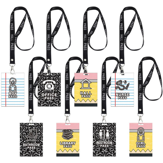 Fuyoooo 16 Set Pencil Hall Pass Lanyards Unbreakable PVC Composition Notebook Classroom Passes with Lanyards Bathroom Boy Girl Library Hall Office Nurse Pass 2.4 x 3.5