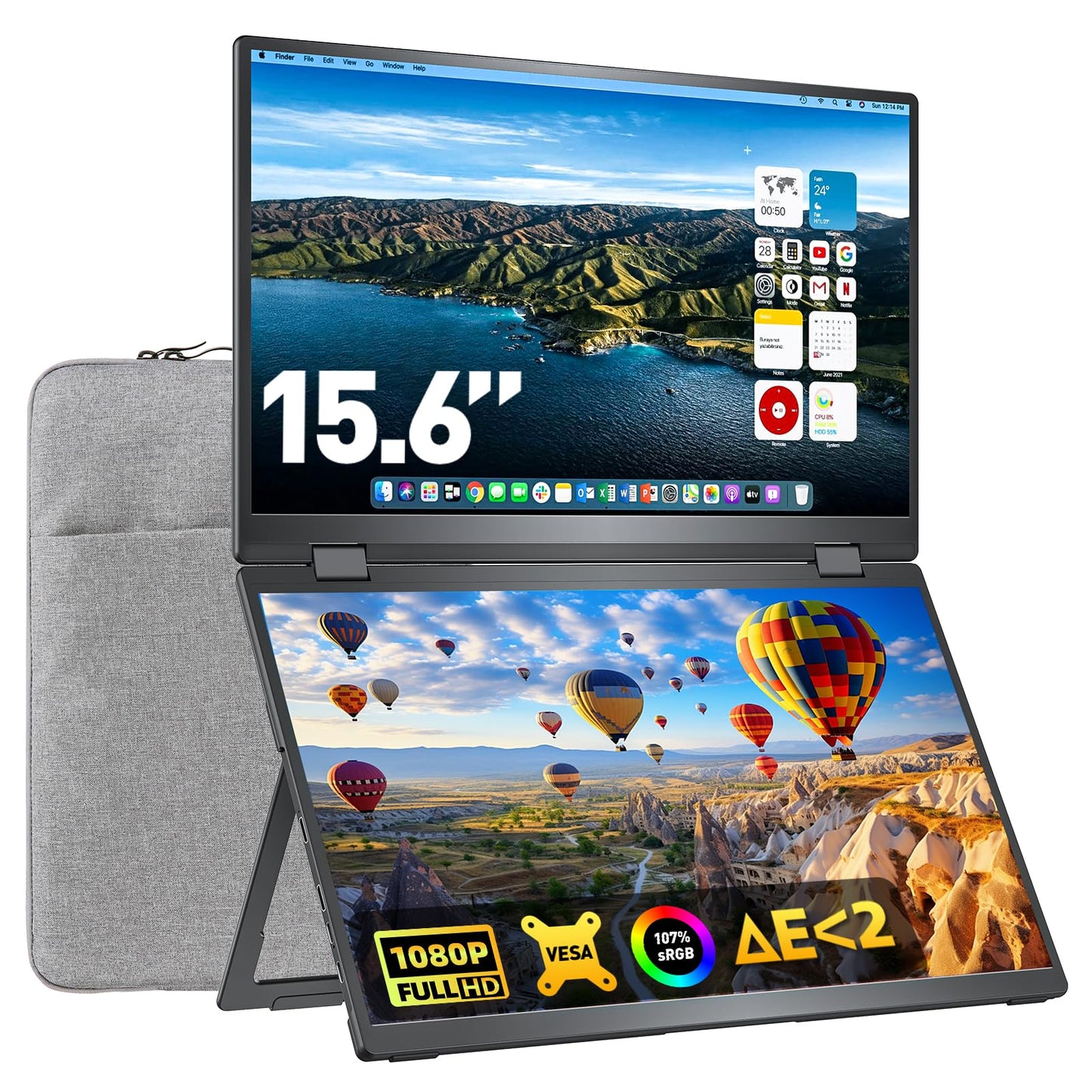 Upperizon Portable Monitor Foldable Dual Screen 15.6 inch FHD 107% sRGB IPS HDMI USB-C Travel Monitor for Laptop Mac PC Windows, DisplayLink Stacked Screen Extender with Kickstand, VESA Compatible