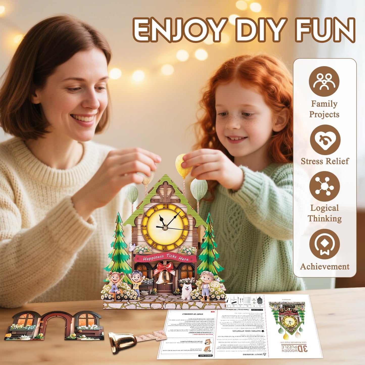 3D Puzzles for Adults Wooden Clock-Balloon Treehouse Model Kit, Mechanical DIY Pendulum Clock with Roman Numerals-Home Wall Decor, Birthday Christmas Day Gift for DIY Lovers