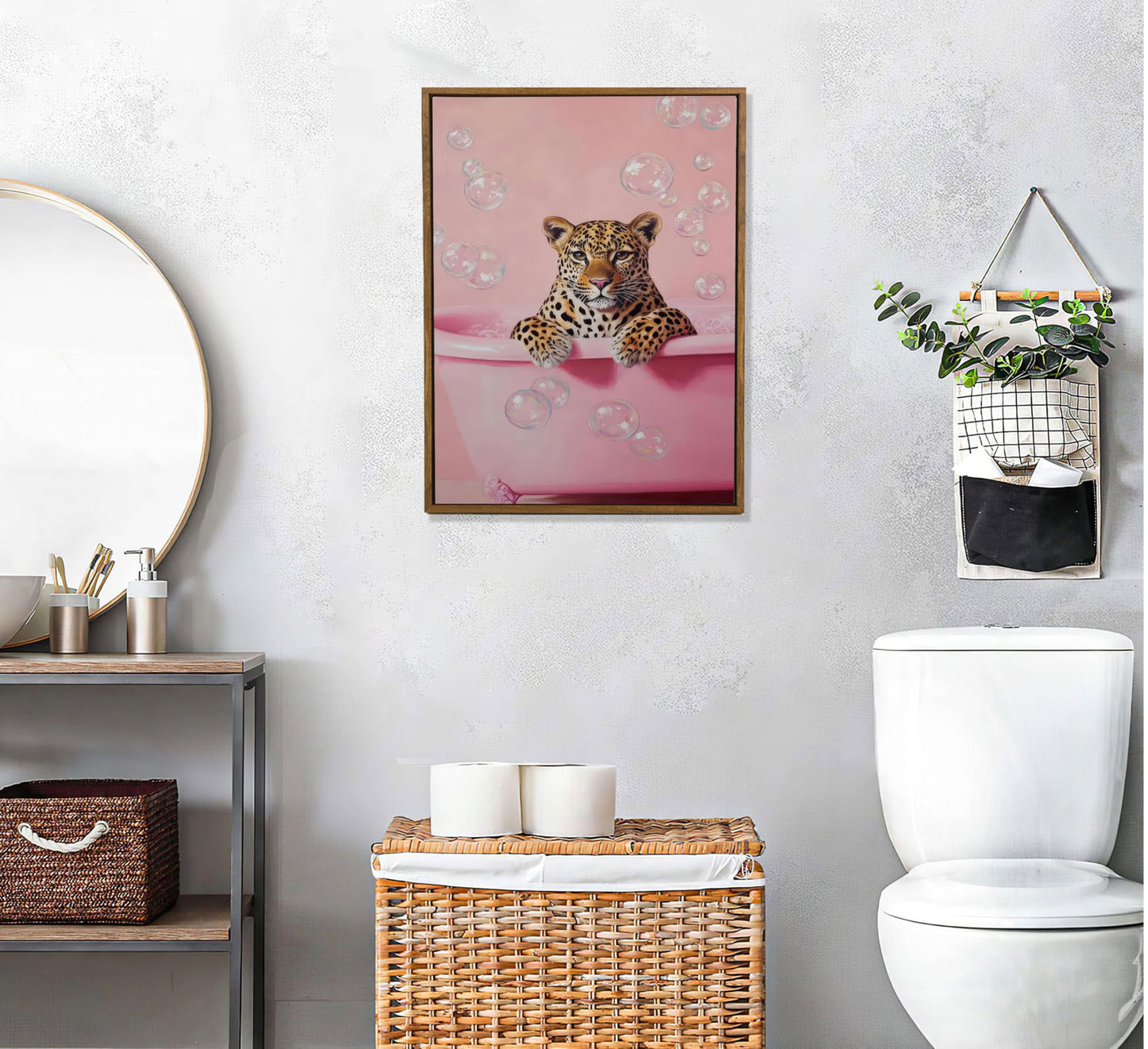Framed Cheetah Bathroom Wall Art Pink Leopard in Bathtub Canvas Poster Funny Leopard Bathroom Print Maximalist Art Painting Trendy Bath bubbles Wall Decor Ready To Hang