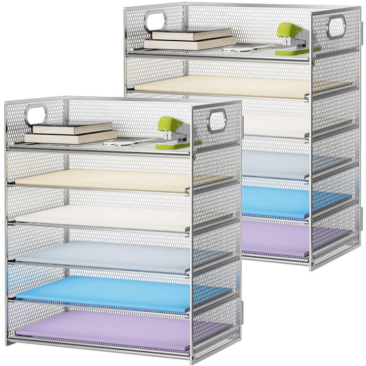 Marbrasse 2 Pack Desk Organizer with Handle, 6 Tier Paper Letter Tray, Mesh Desk File Organizer for Office, School and Home - Silver