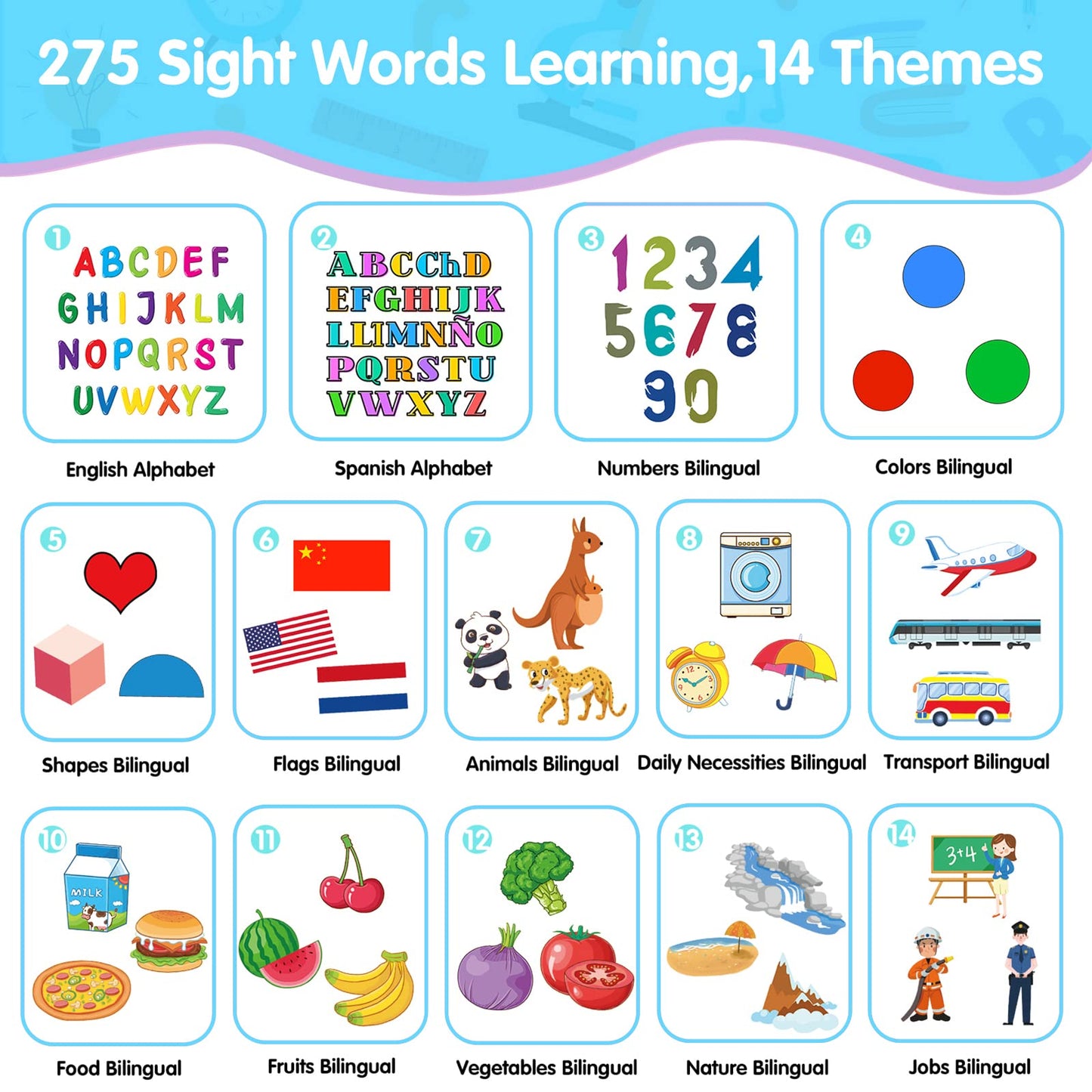 QuTZ ABC Learning Flash Cards for Toddlers 2-4 Bilingual Spanish English, Autism Toys, Speech Therapy Toys, Educational Learning Talking Sight Words Flash Cards for Boys and Girls, 275 Sight Words