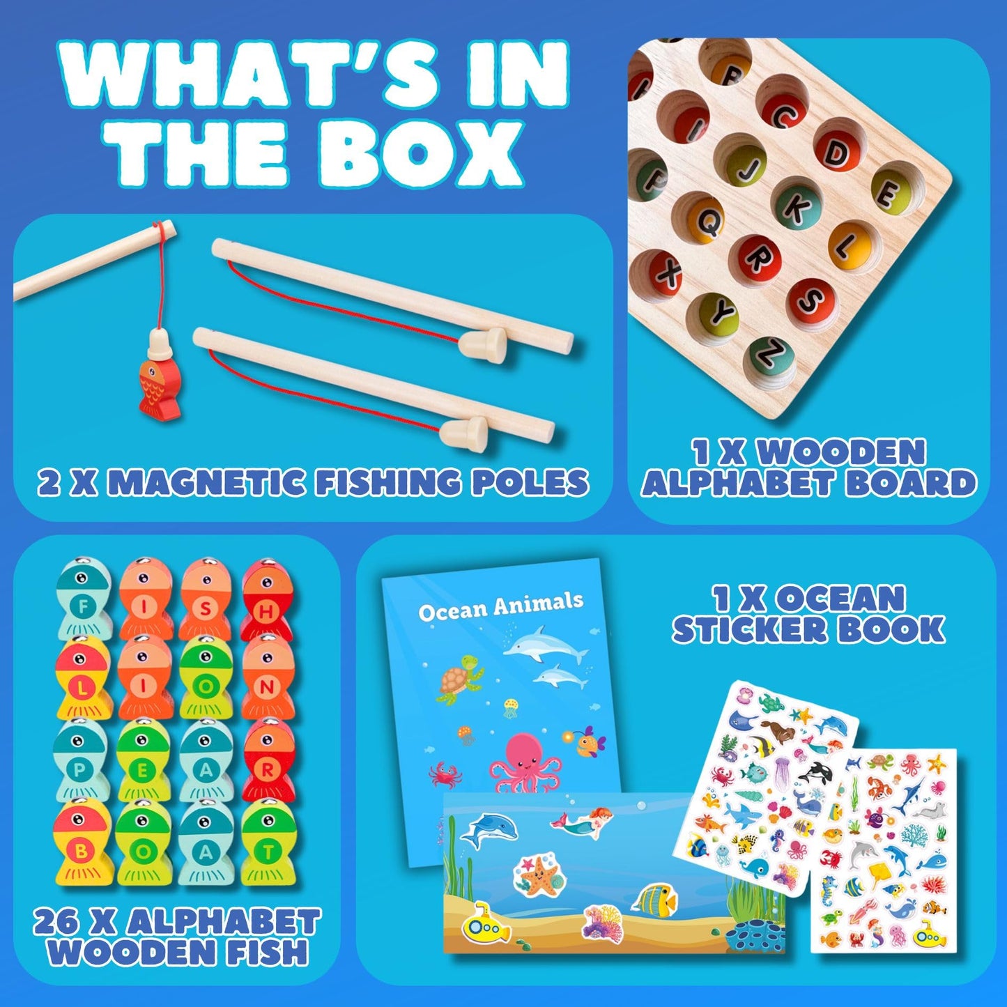Haktoys Wooden Fishing Alphabet Game Magnetic Learning Toy with Ocean Sticker Book, ABC Toy with 26 Lettered Fish & 2 Poles, Educational Travel Game for Toddlers Preschool Kids