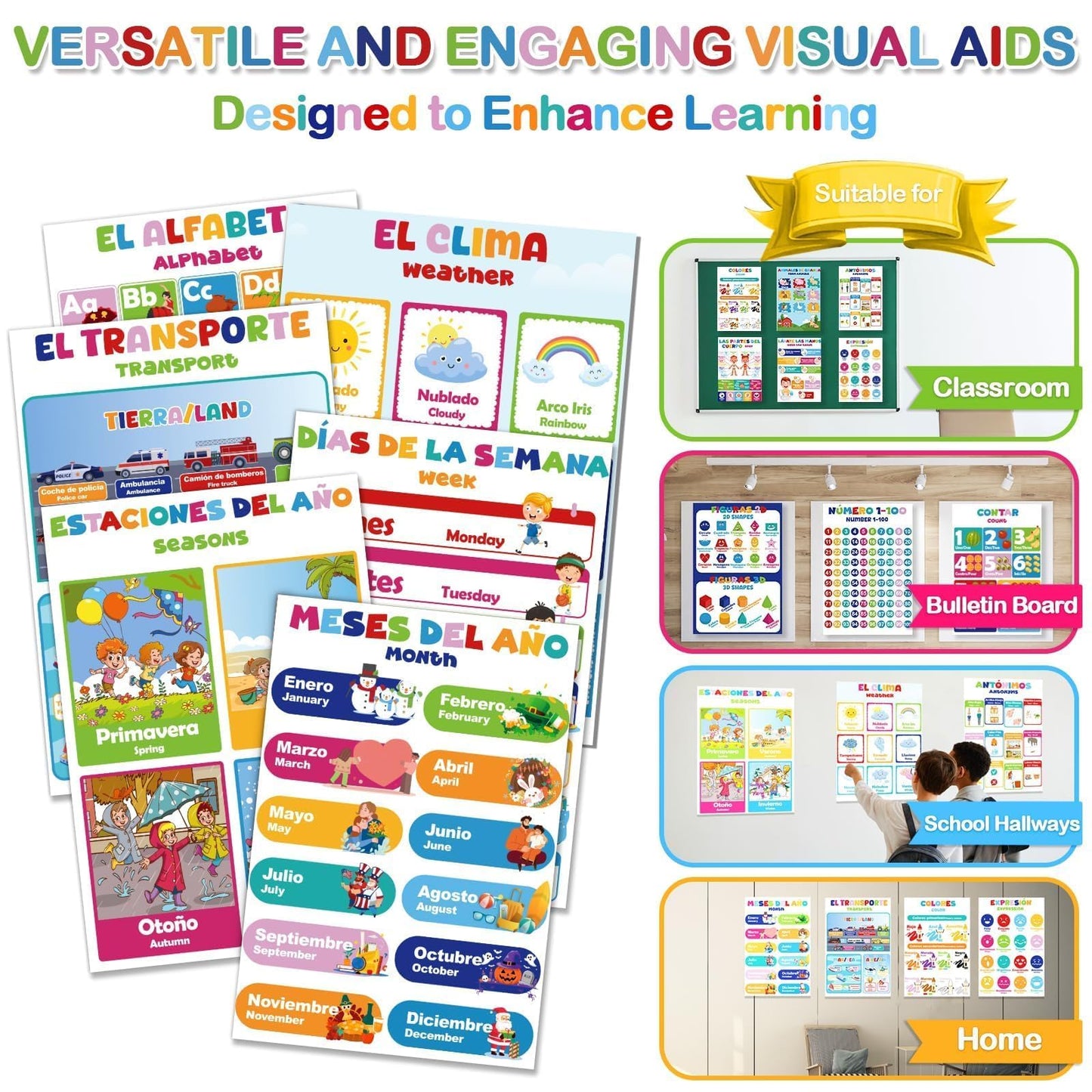 EggSun 16 Pcs Bilingual Learning Posters for School Classroom Decorations, 11 x 16in Poster Charts for Teachers Primary Middle High School Supplies Education Classroom Bulletin Board Wall Decor