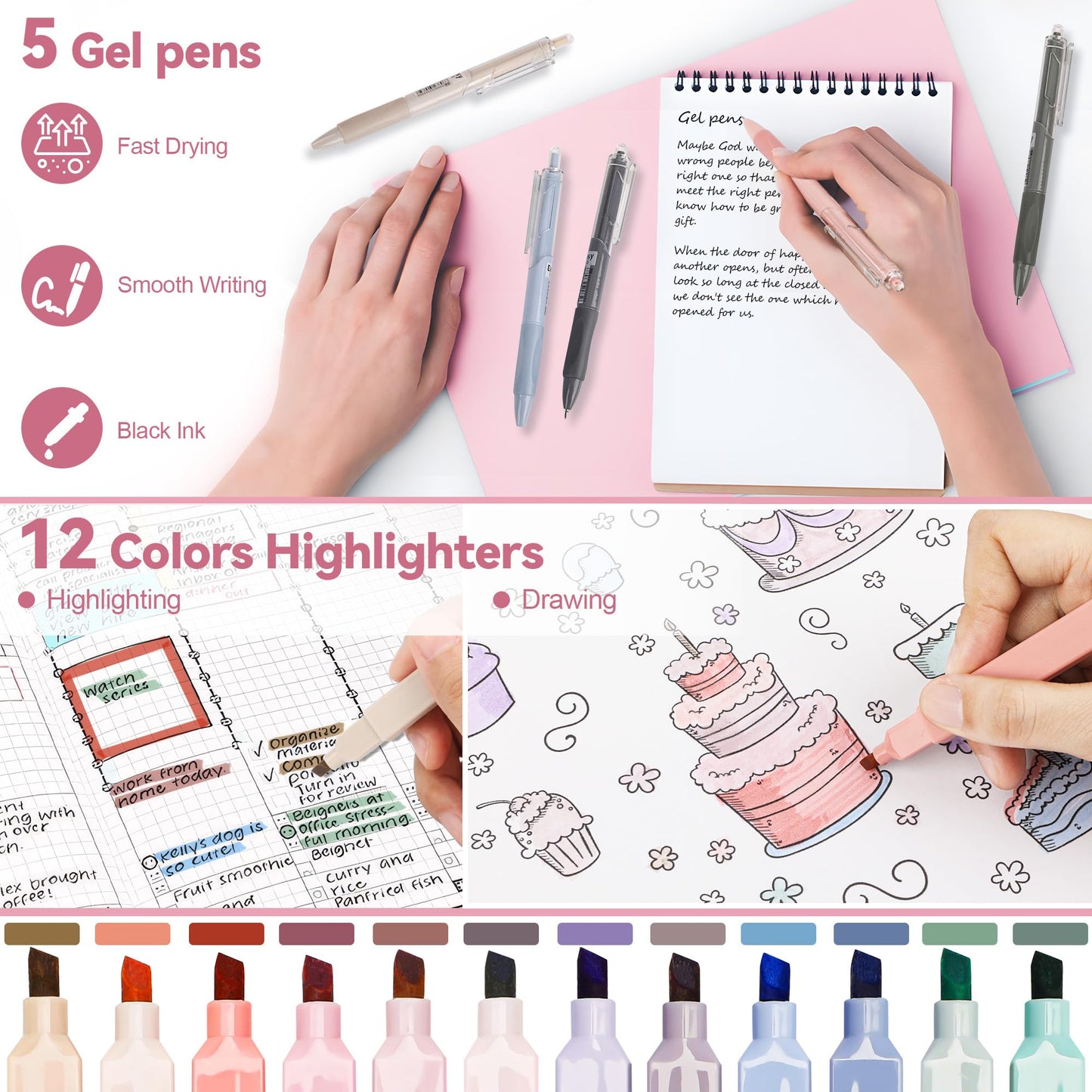 DazSpirit 61 PCS Aesthetic School Supplies with Cute Pencil Case, Pastel No Bleed Highlighters, Gel & Erasable Pens, Mechanical Pencils, Refills, Complete Essentials Stationery Kit for Students (Pink)