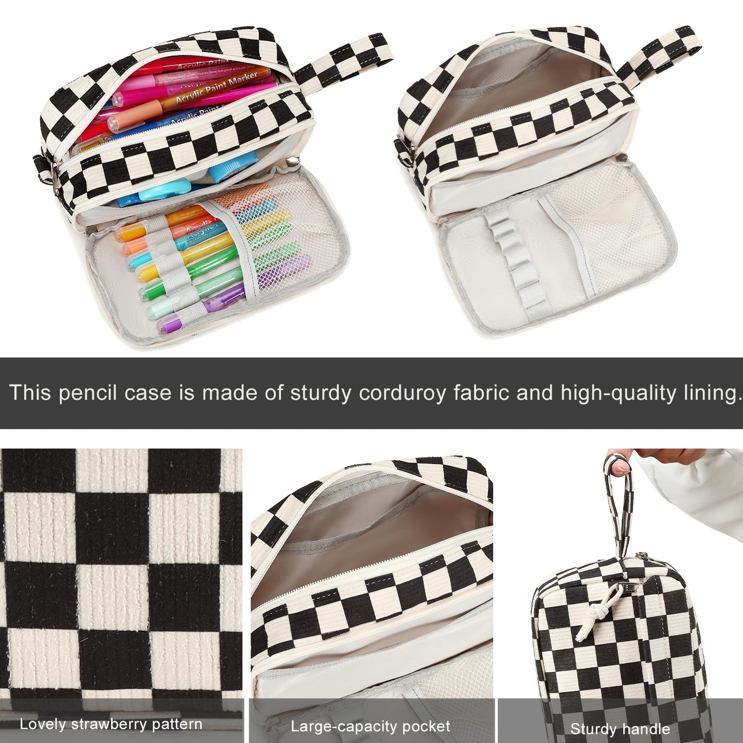 Bluboon Big Capacity Pencil Case Pouch Pen Case School Supplies - Cute Pencil Box Bag for Teen Girls Boys Women Man (Black White Checked)
