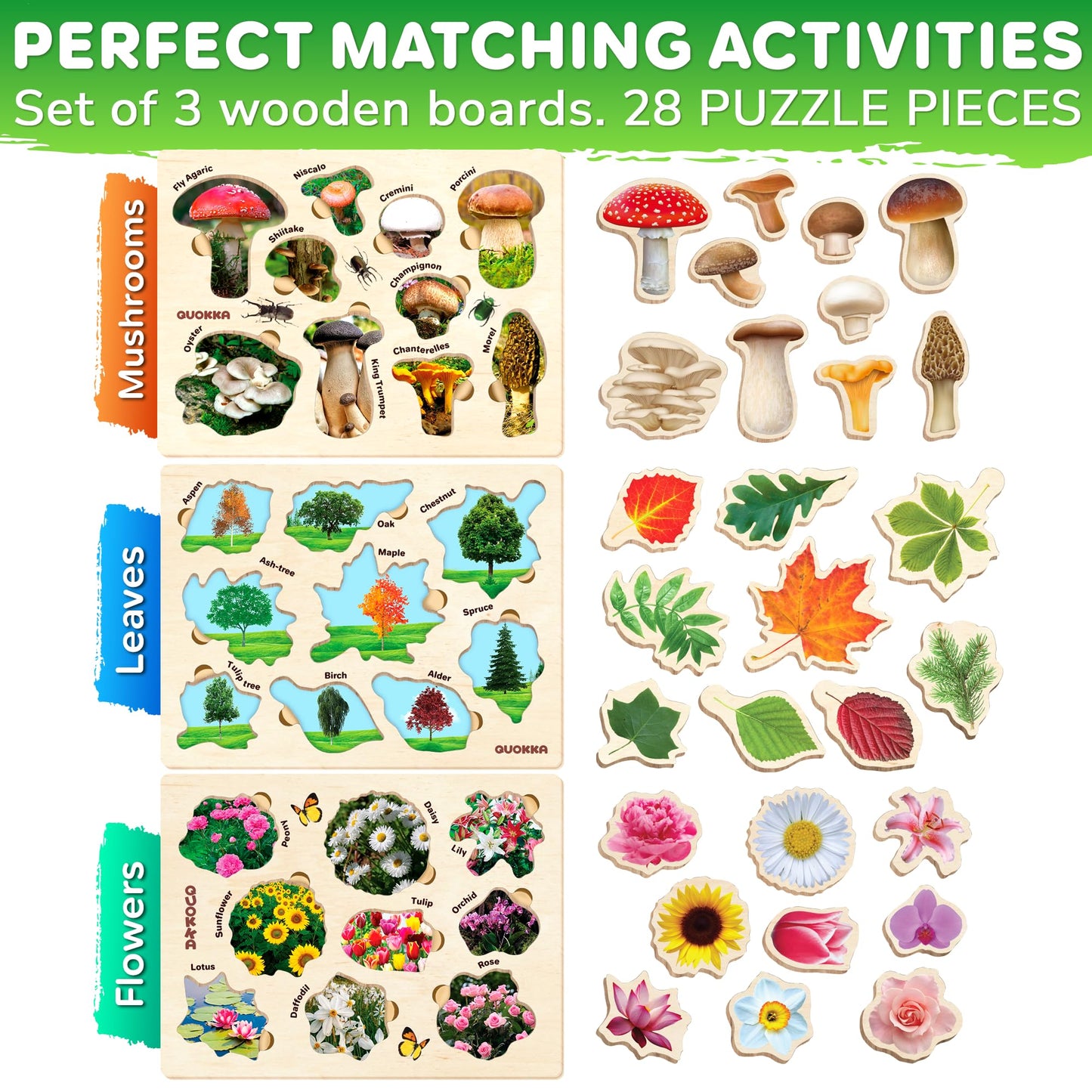QUOKKA Wooden Puzzles for Toddlers 2-4 – 3X Set Montessori Toys Puzzles for Kids Ages 3-5 – Wood Educational Baby Game 12-18 Months – Gift Learning Mushrooms Flowers Leaves for Boy and Girl 3-5