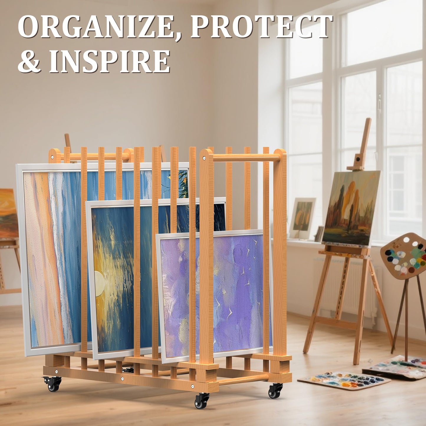 MOOFI Art Storage Rack and Art Rack Storage Organizer for Canvases, Art Drying Rack with Casters - Paint Drying Rack with Adjustable Uprights for Art, Canvas Boards, Frames, Panels, Posters & Prints