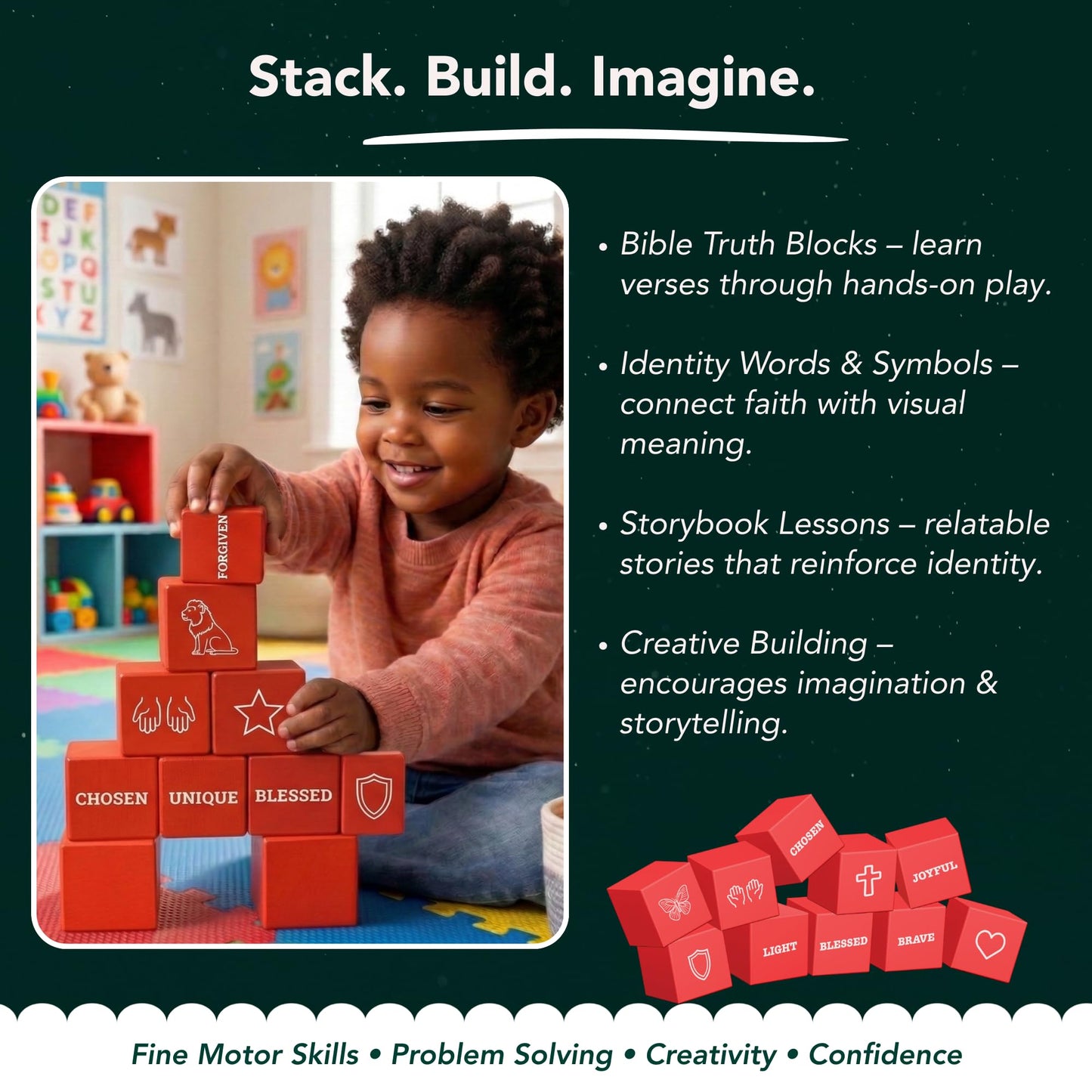 Bible Building Blocks for Kids – Christian Wooden Toy with Bible Verses & Positive Identity Words, Faith-Based Learning Set with Storybook & Storage Bag (Ages 3+) – Christian Gifts - KultureGames