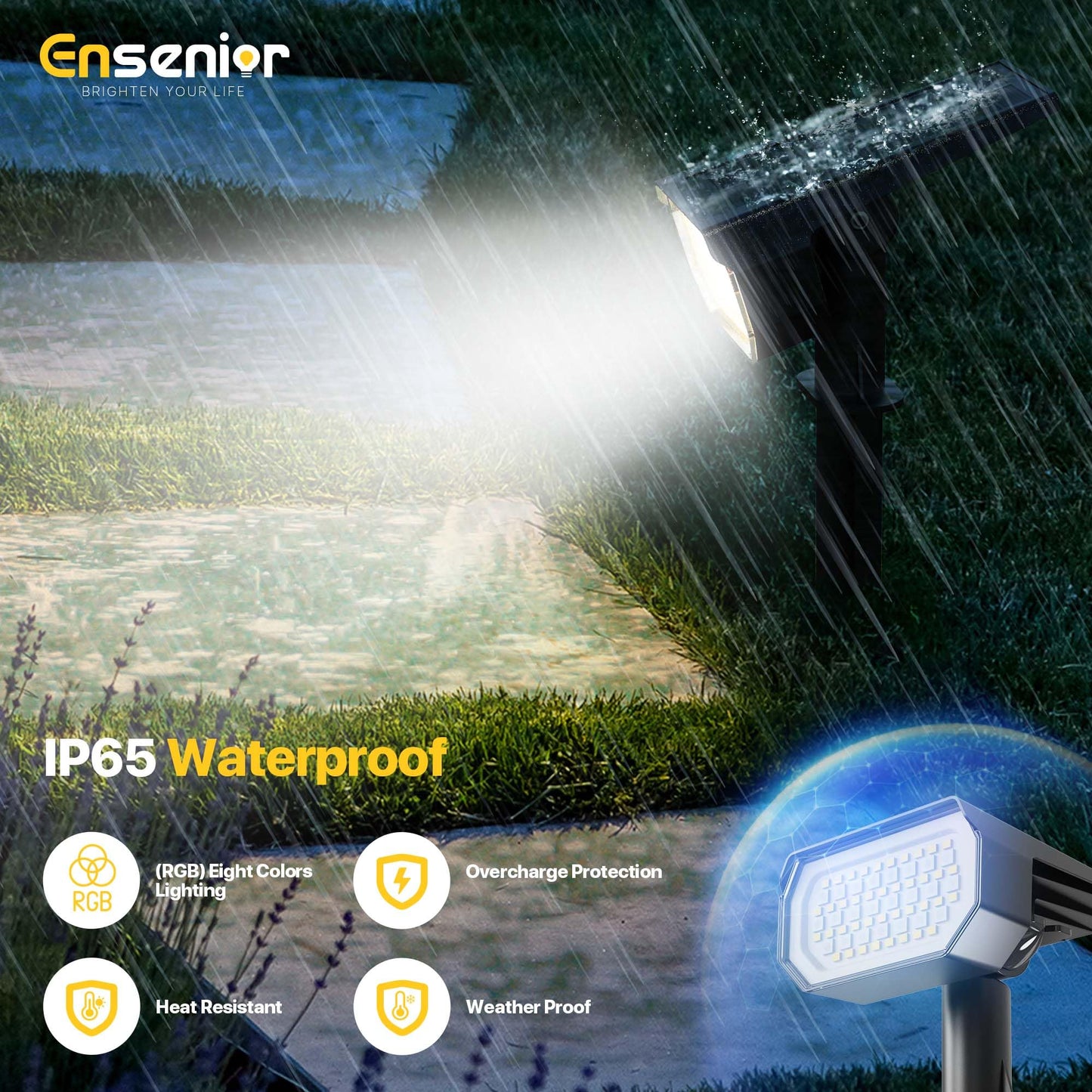 Ensenior Solar Spotlights Outdoor Waterproof RGB 7+1 Color Changing Landscape Lighting, Pack of 10, Model CP2-13CM-RGB-10-BL-ZY-M02