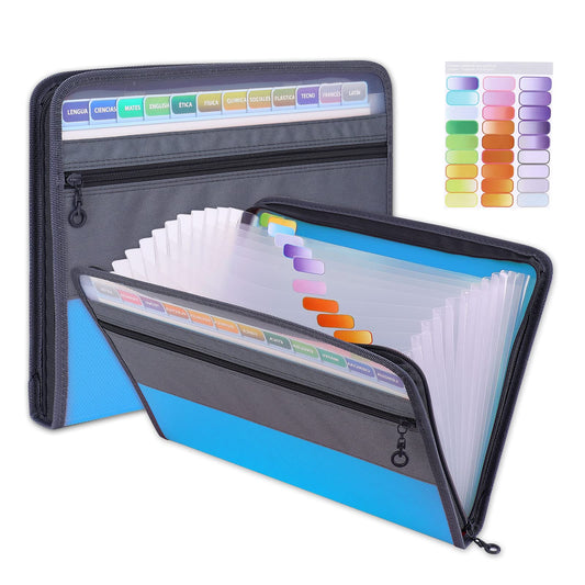 MEGREZ Expanding File Folder with 13 Pockets, A4 Paper File Folder with Zipper Color Labels, Waterproof Accordion File Folder Organizer for Home Office, Blue