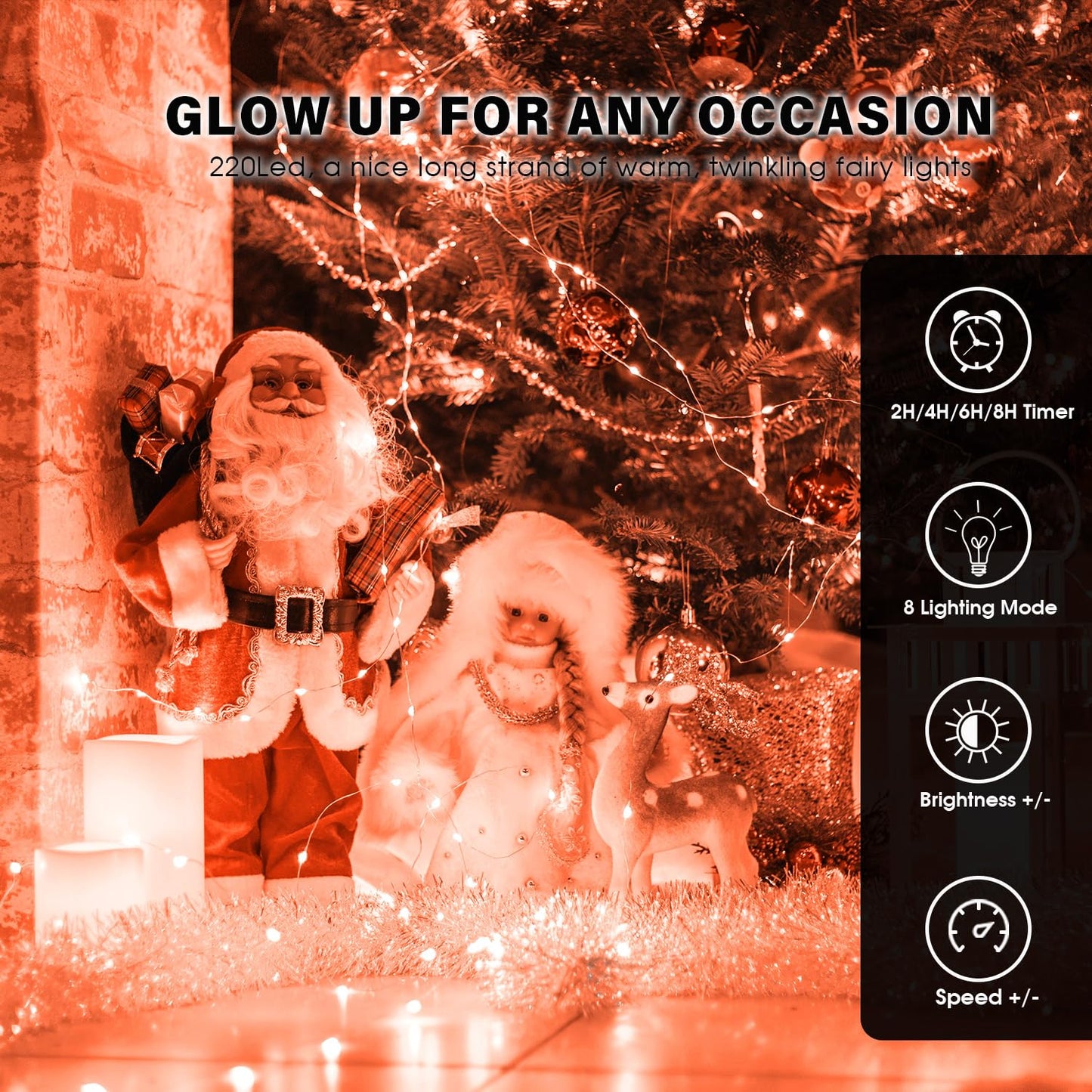 yietNL Fairy Lights 72ft 220 LED USB Twinkle String Lights, Silver Wire, Remote, Timer, 8 Modes, Waterproof, Orange