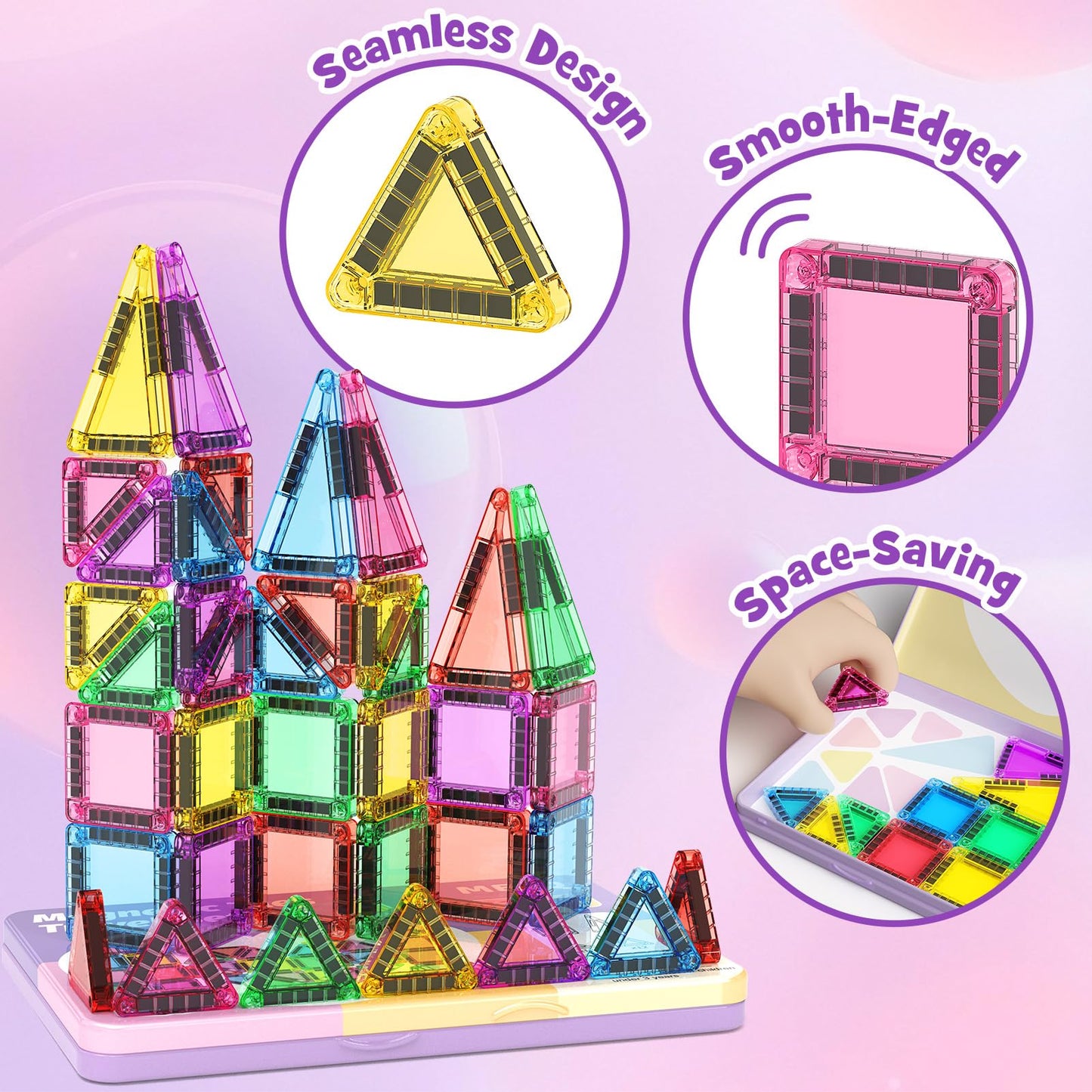 MEIQ 42-Piece Mini Magnetic Tiles Travel Set with Metal Storage Box - Portable STEM Building Blocks for Kids Ages 3-8, Montessori Educational Toys for Airplane & Car Rides, Gift for Boys & Girls