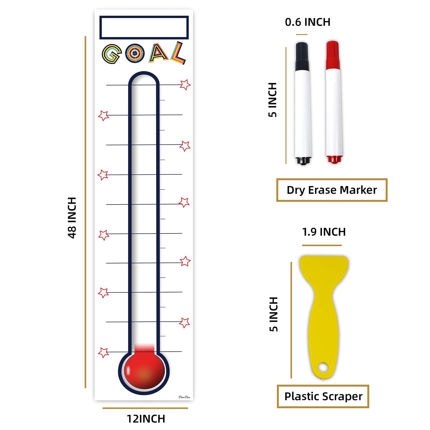 Goal Thermometer Chart Goal Tracker - 48"x12" Adhesive Dry Erase Fundraising Thermometer Sticker