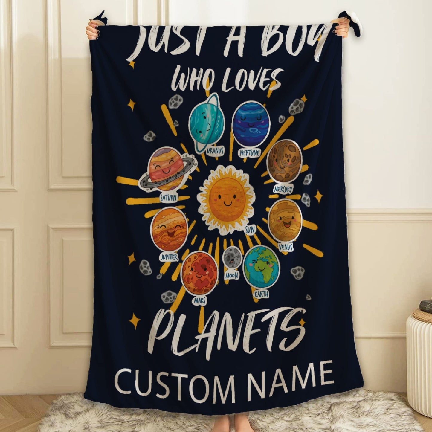 ARTBLANKET Just A Boy Who Loves Planets & Solar Throw Blanket Fannel Fleece Super Soft Funny Blanket Travel Throw Blanket for Bed Couch Sofa Custom Name