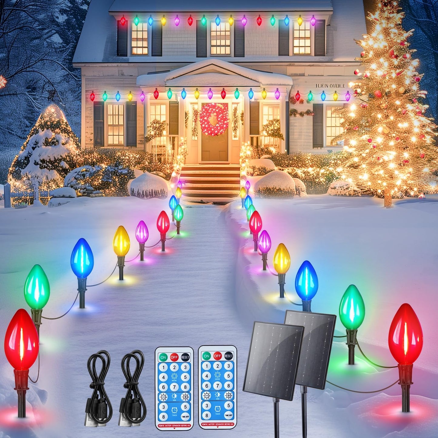 Minetom Solar C9 Christmas Pathway Lights - 20 LED, 8 Modes, Timer, 32FT, 2 Pack, Multicolor