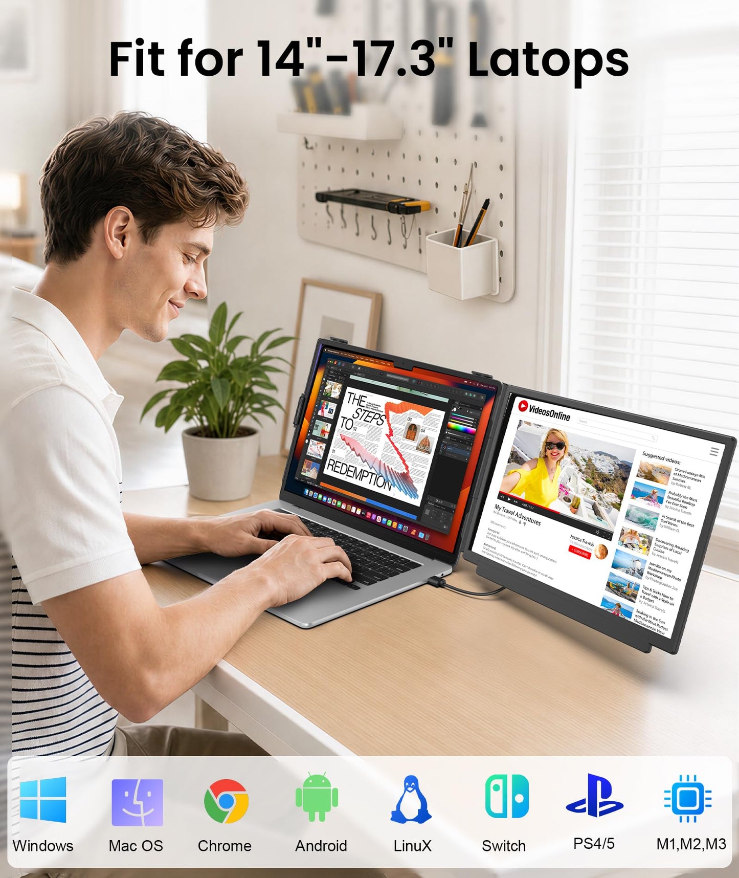 Orfibz 15.6" Laptop Screen Extender, 1080P FHD Detachable Laptop Monitor Extender, One Cable Plug & Play Portable Travel Monitor for 14"-17.3" Laptop Compatible with Wins/Mac/Chrome/Android