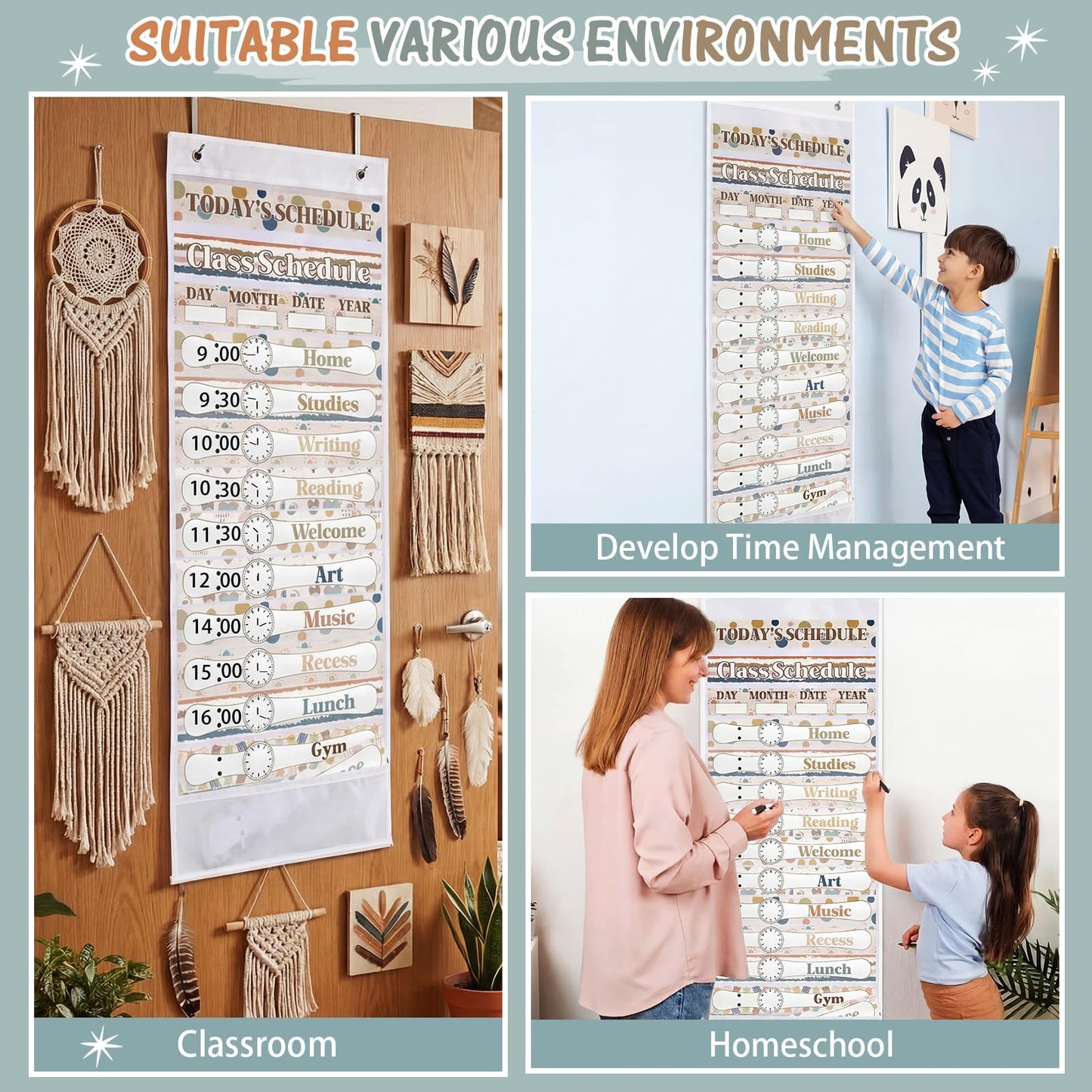 Sunnymove Daily Schedule Pocket Chart for Classroom Decor with 13+1 Pockets and 42 Designed Schedule Cards, Teacher Supplies for Preschool Classroom Home Office Back to School Decorations(Boho)