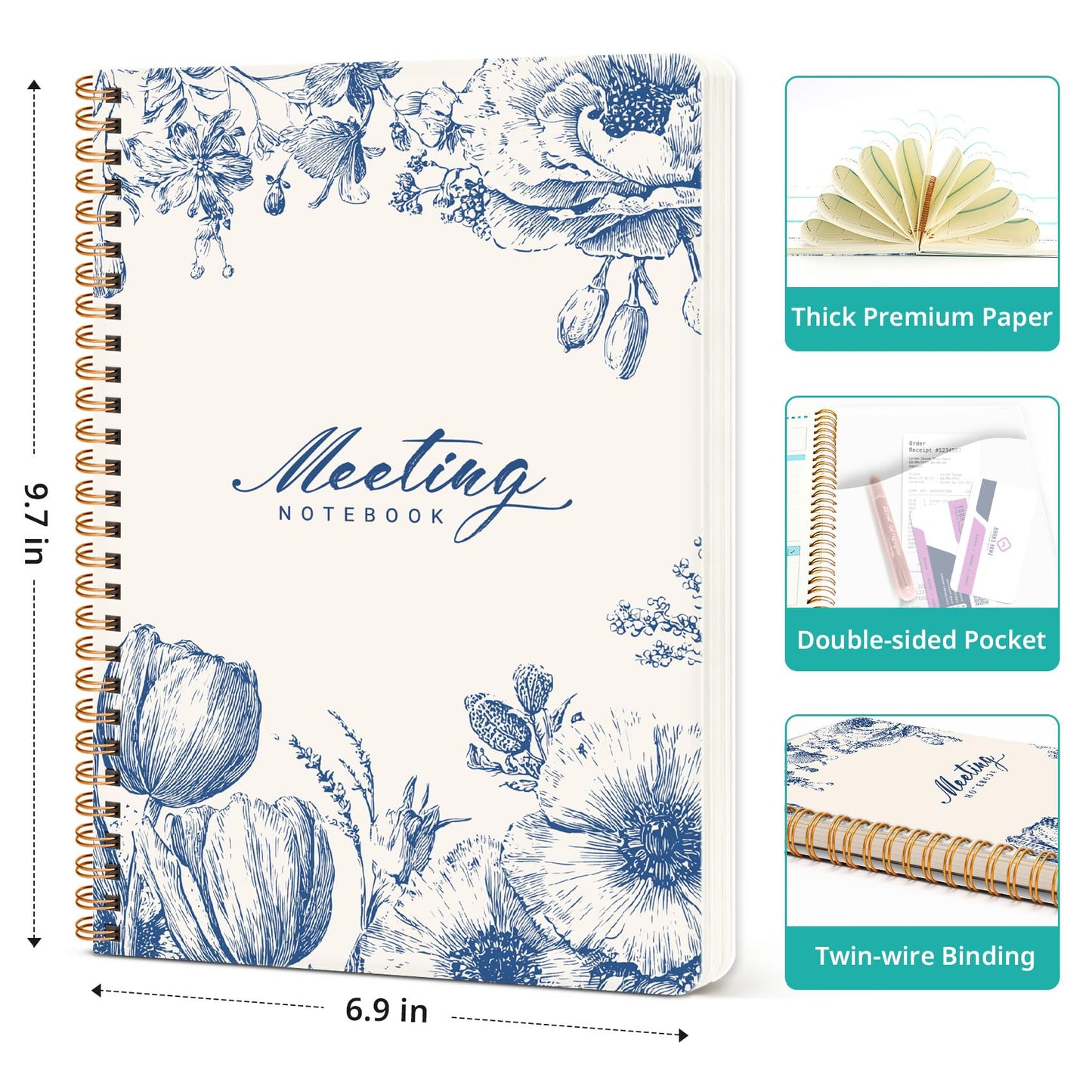 Meeting Notebook for Work Organization - Work notebook with action items, Meeting Minutes Planner Notebook, Perfect Office Supplies for Men & Women - Blue Elegance