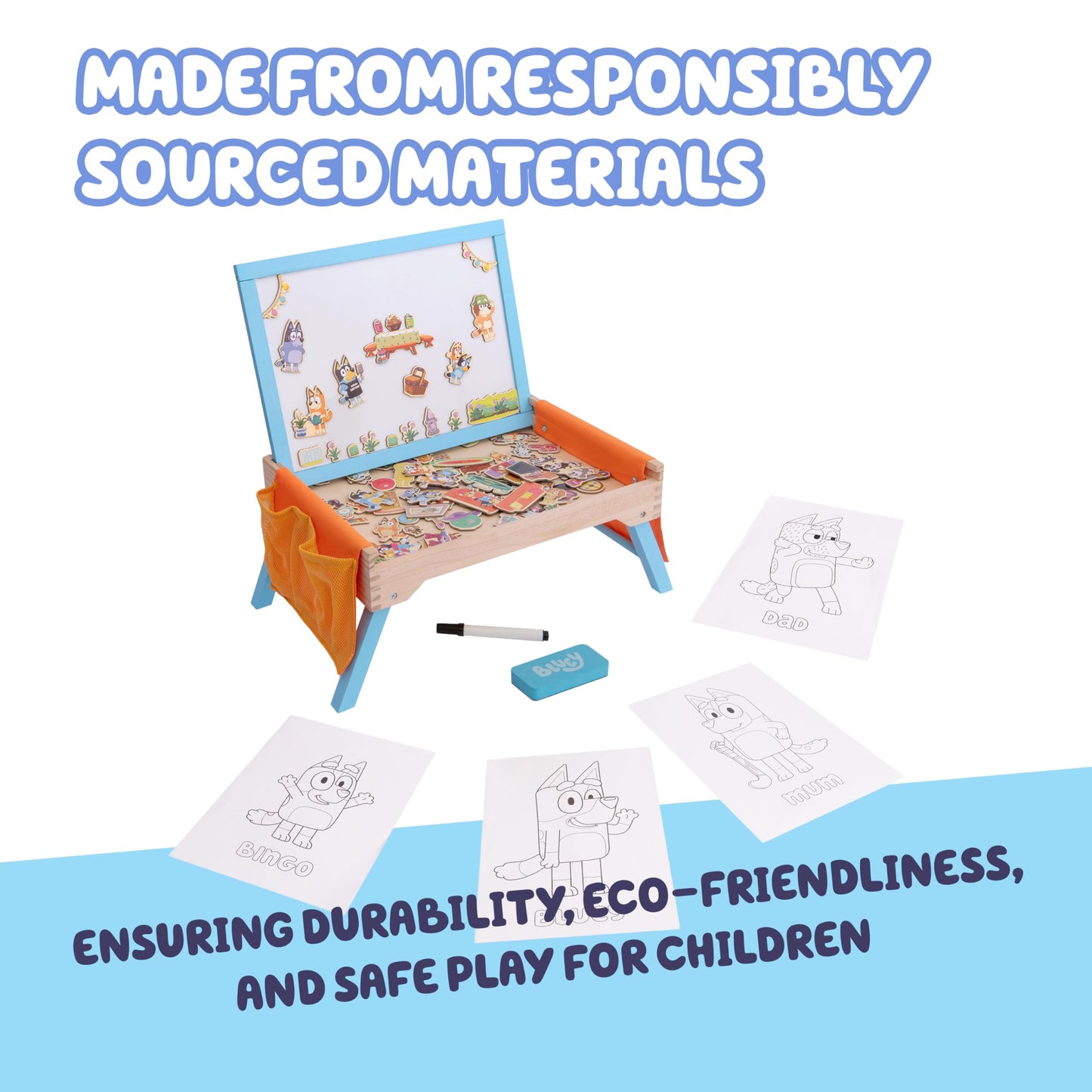 Bluey Art Creation Kids Art Station with 100 Magnets & Whiteboard Lid, Foldable Legs, Art Table for Kids, Storage Pockets