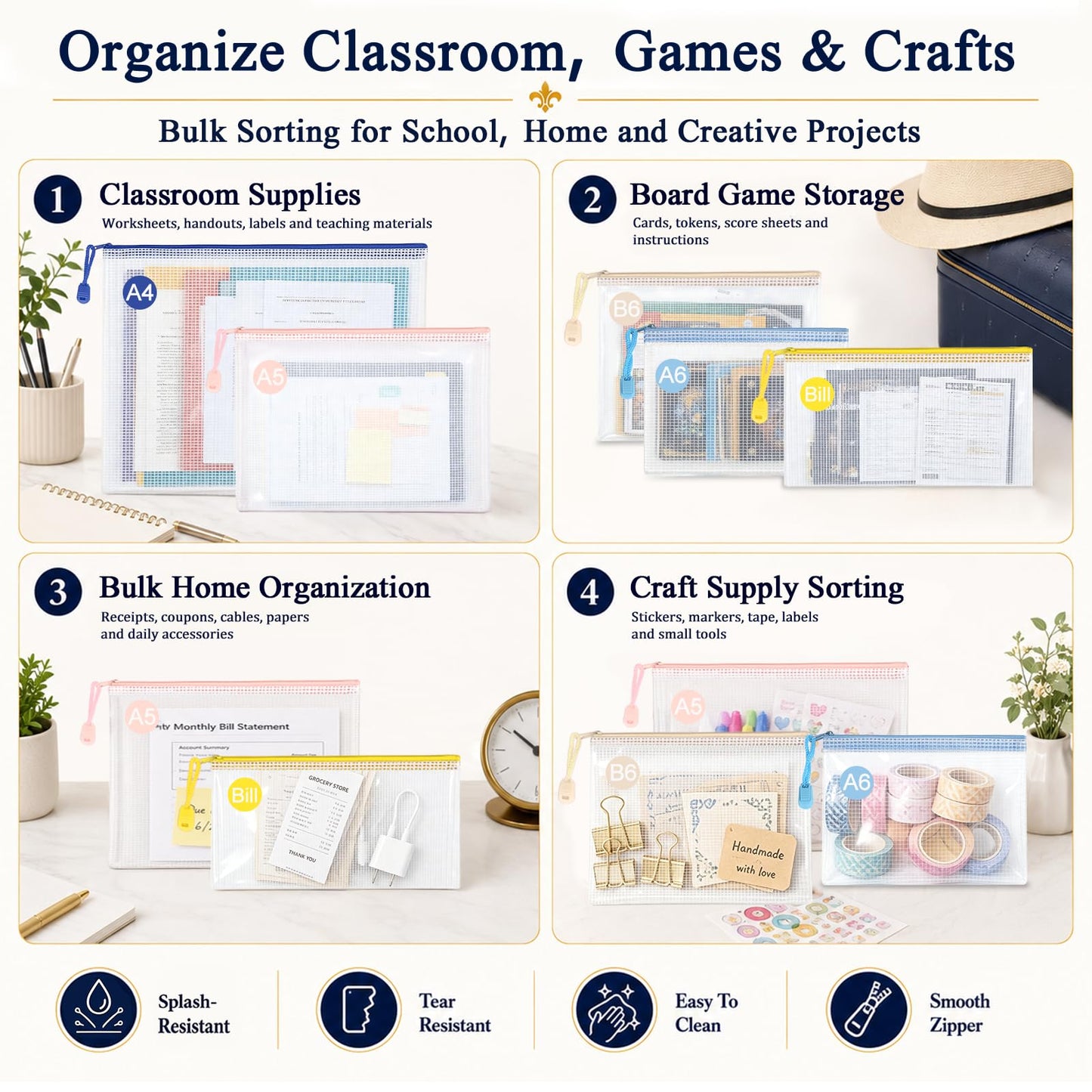 ROYPACK 25 Pack PVC Mesh Zipper Pouches with 1 Organizer Bag, 5 Sizes A4 A5 A6 Bill B6, Translucent File Bags for Classroom Puzzle Board Game Craft School Office Storage (26pcs)