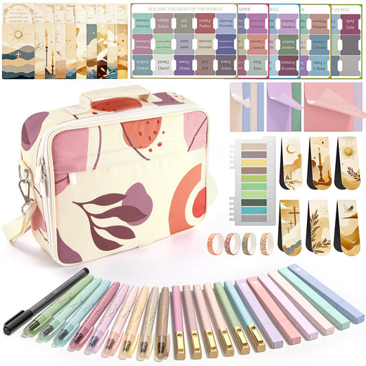 WEMATE 146PCS Bible Journaling Kit with Bag, No Bleed Highlighters and Pens, Tabs, Prayer Cards, Washi Tape, Sticky Notes, Annotation Study Supplies, Christian Gift for Women, College Stationery
