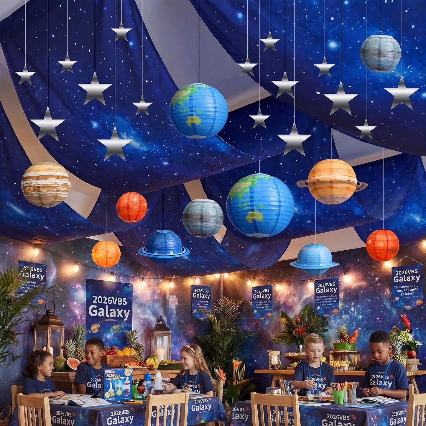 Relaxgiant 45 Pcs 2026 Space Celing Decoration for Classroom 24" x 13ft Galaxy Hanging Backdrop, Star Hanging Ornament, Solar System Paper Lanterns, Hooks for Kids Birthday VBS School Party Decor