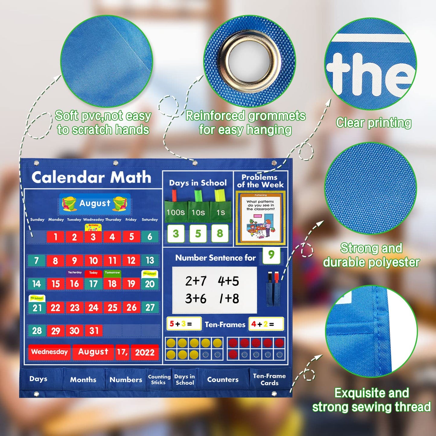 Boczif Daily Math Calendar Classroom Pocket Chart, Math Activities Educational Pocket Chart Teaching Calendar All About Number Activities for Counting, Problem –Solving, Elementary and Pre-school