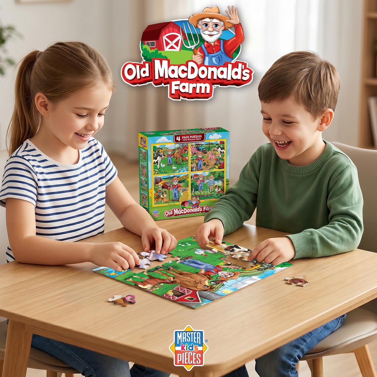 MasterPieces – Jigsaw Puzzle Set for Kids 6+ Years, 4-Pack of 100 Pieces, Educational and Fun Game, Old Macdonald’s Farm Collection, Gift Idea for Children, 8" x 10"