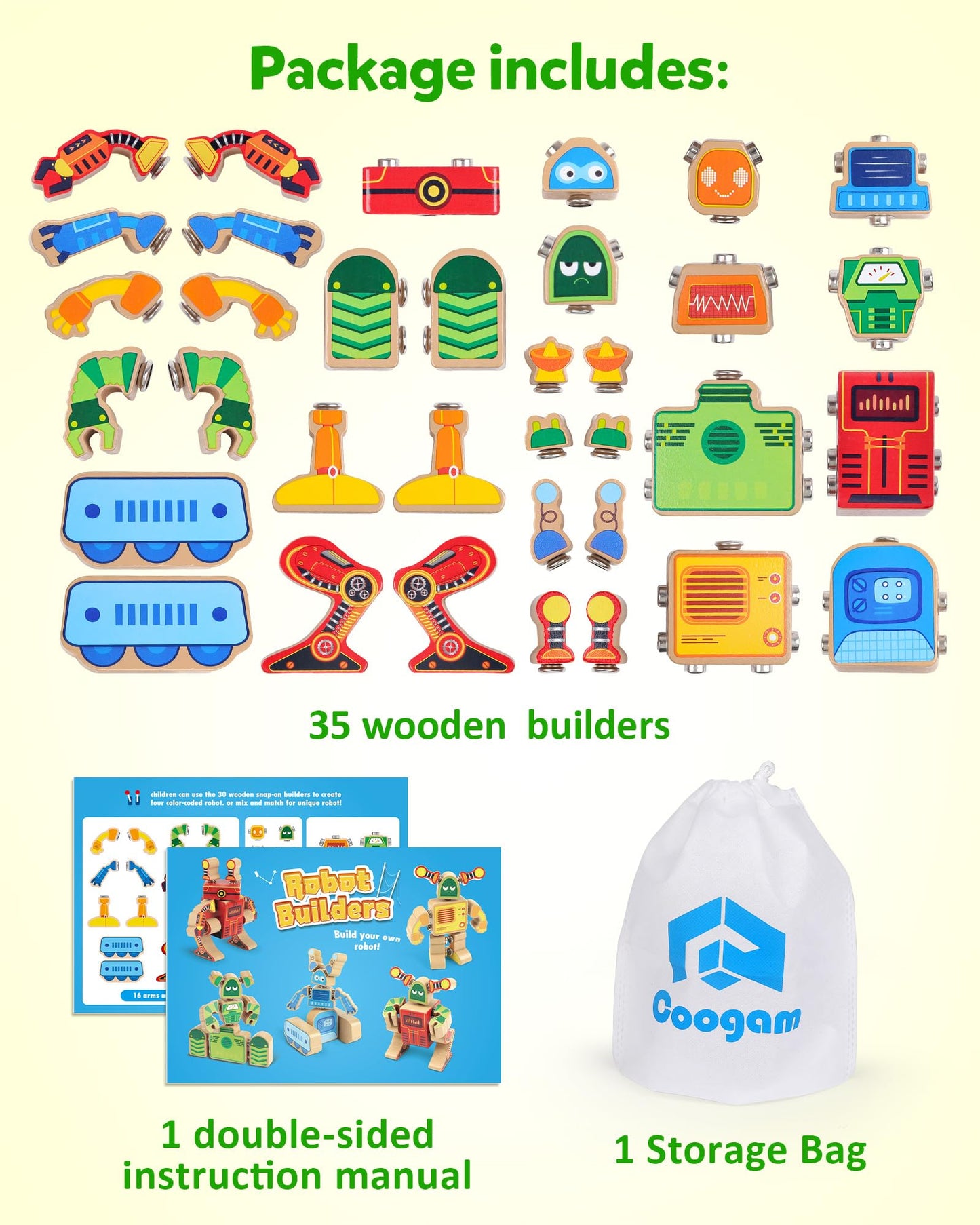 Coogam Fine Motor Building Robot Blocks for 3 4 5 Years Old Kids, Wooden Snap Together Builders, STEM Take Apart Robot Playset, Educational Learning Toy Gift for Boys Girls