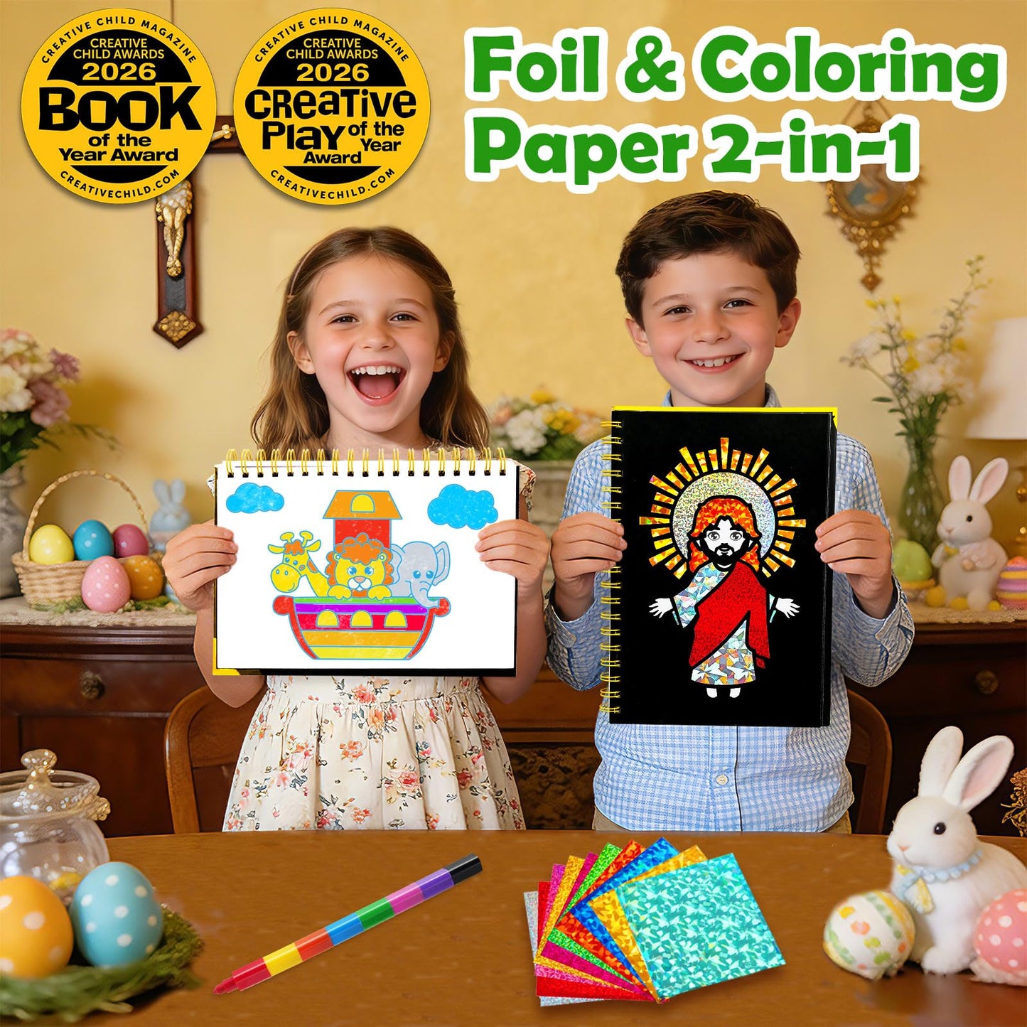 FUNNYB&G Foil Art Craft Kit for Kids 4-10 Years Old: Mess-Free & No-Glue, Create 16 Sparkly Christian Pictures – Perfect Travel Toy & Birthday Gift for Kids (Christian)
