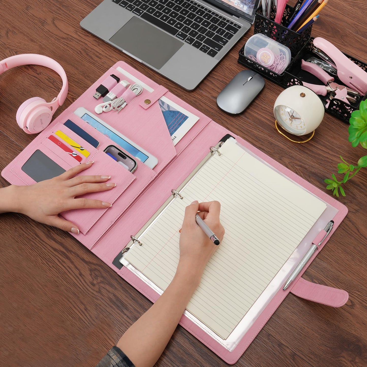 Wonderpool A4 PU Leather Portfolio Holder Ring File Document Case with Removable Binder Clipboard, Multi Pocket and Legal Pad for Business Organizer Interview and Meeting (Pink)