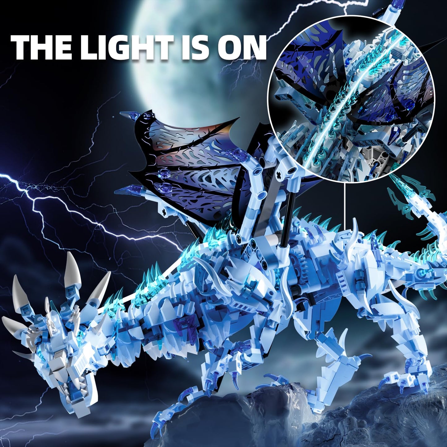 Myth Qholve Mechanical Dark Ice Dragon Building Block Set with Motor & Hand Crank Motion Movable Head, Wings & Limbs Fantasy Dragon Model Kit for Teens & Adults