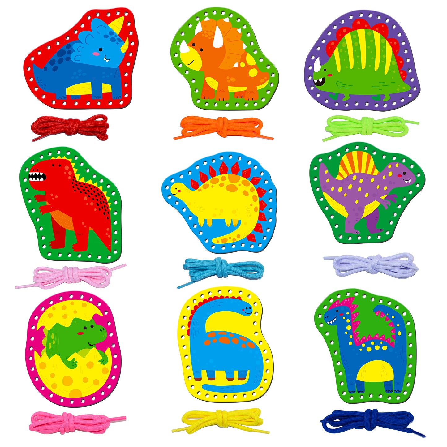 SpriteGru 9 Pieces Kids Lacing Cards, Double Sided Sewing Cards in 9 Dinosaurs with 9 Colorful Laces, Imagination Development Lacing Toys Games for Children Educational and Learning Activity