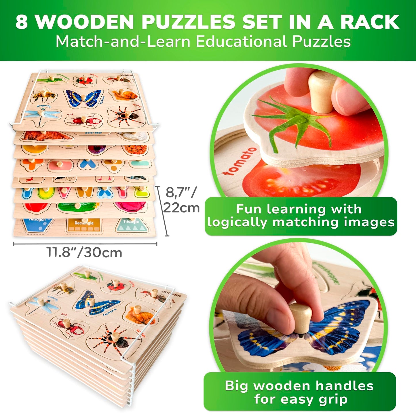QUOKKA 8 Wooden Puzzles for Toddlers 1-3 - Toddler Montessori Puzzles Ages 2-4 in a Rack - Learning Alphabet, Numbers and Animals Toy for Kids 3-5 - Wood Games Gift for Boys and Girls