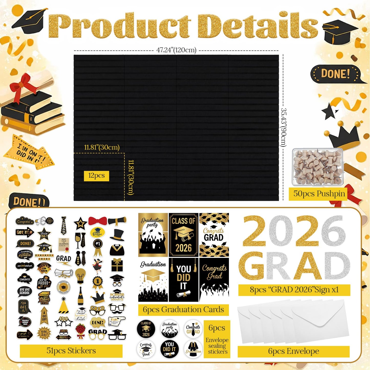 Nuanchu Graduation Bulletin Boards Decorations Set, DIY Poster Photo Board Kit with Black Felt Panels, 2026 Graduation Cards & Envelopes, Sticker Set, Push Pins, Cardstock Decor for Party Classroom