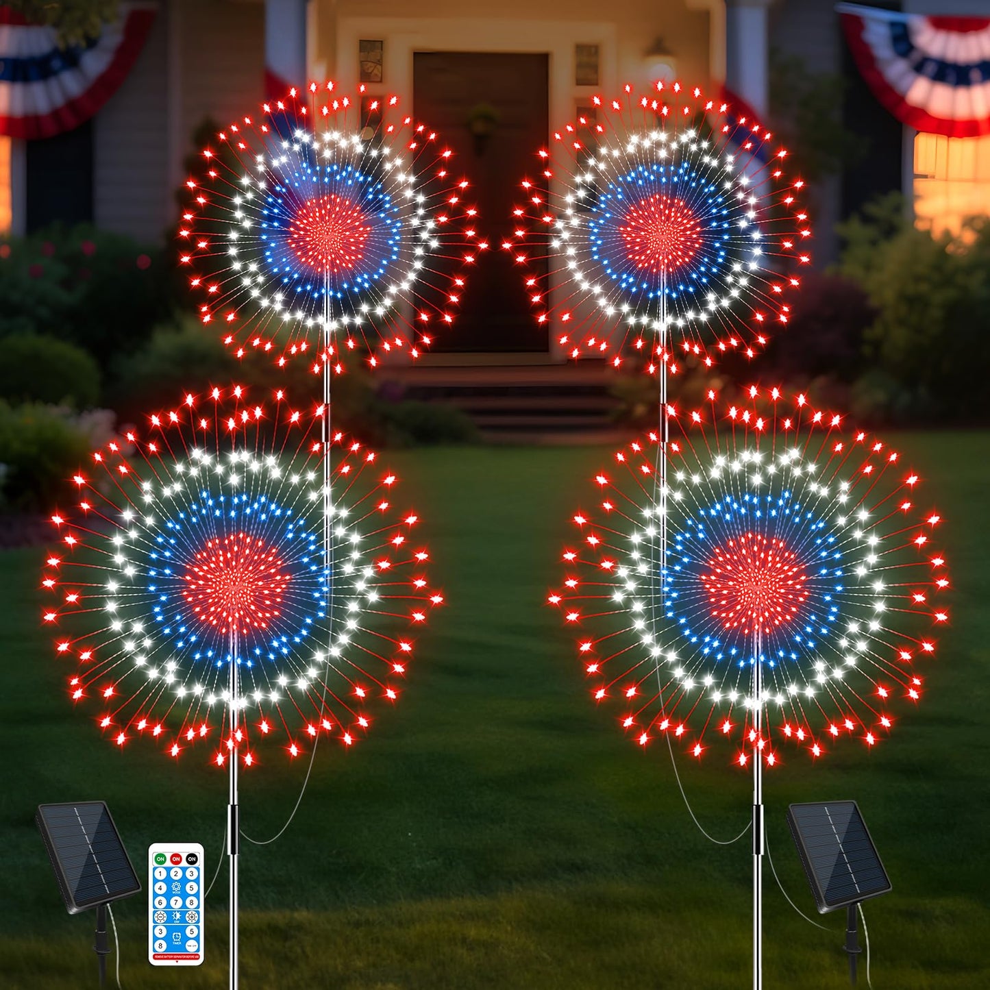 JORETLE Solar Firework Lights, 180 LED, 8 Modes & Timer, 2 Sets of 2 Pieces, Red White Blue, Outdoor Decorations for 4th of July
