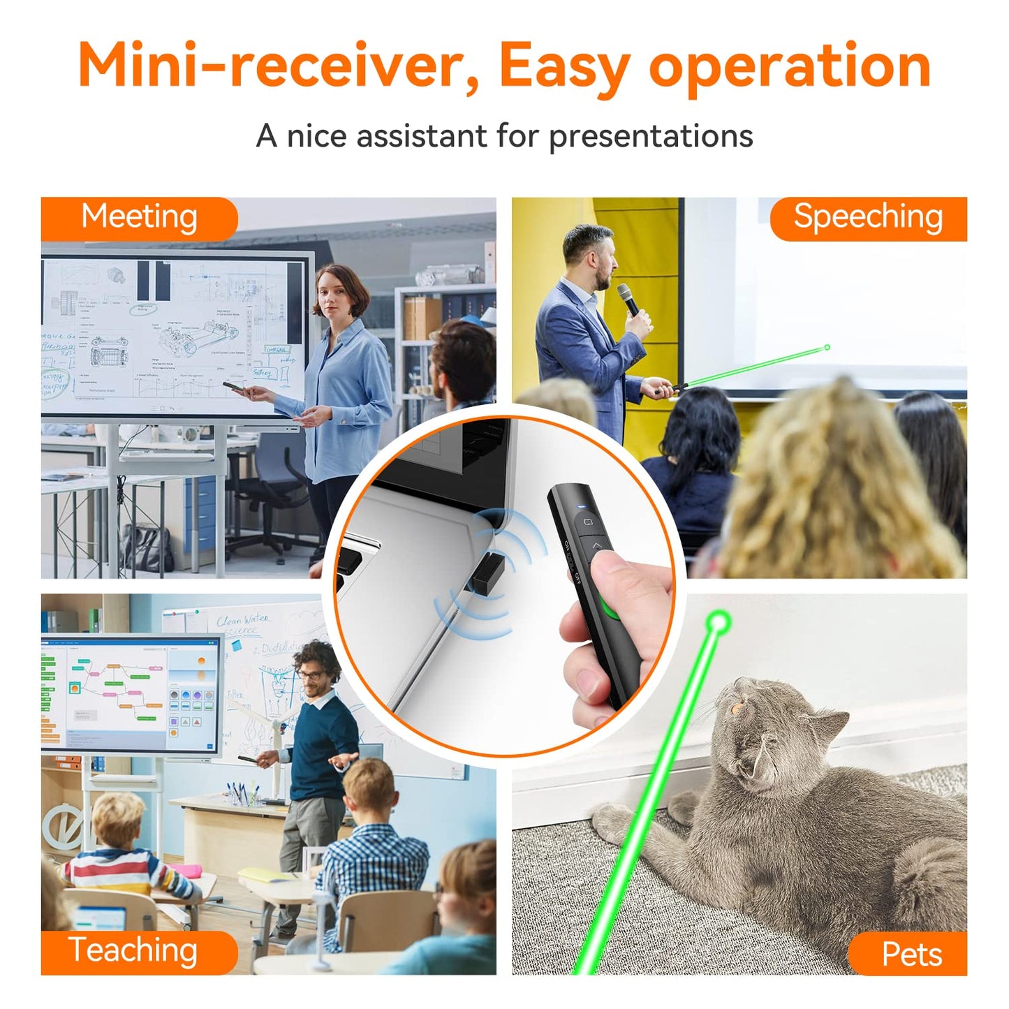Wireless Presentation Clicker PowerPoint Presenter Remote: Rechargeable Green Laser Pointer Clickers for Computer/Mac/PPT/Slideshow/Google Slide Advancer