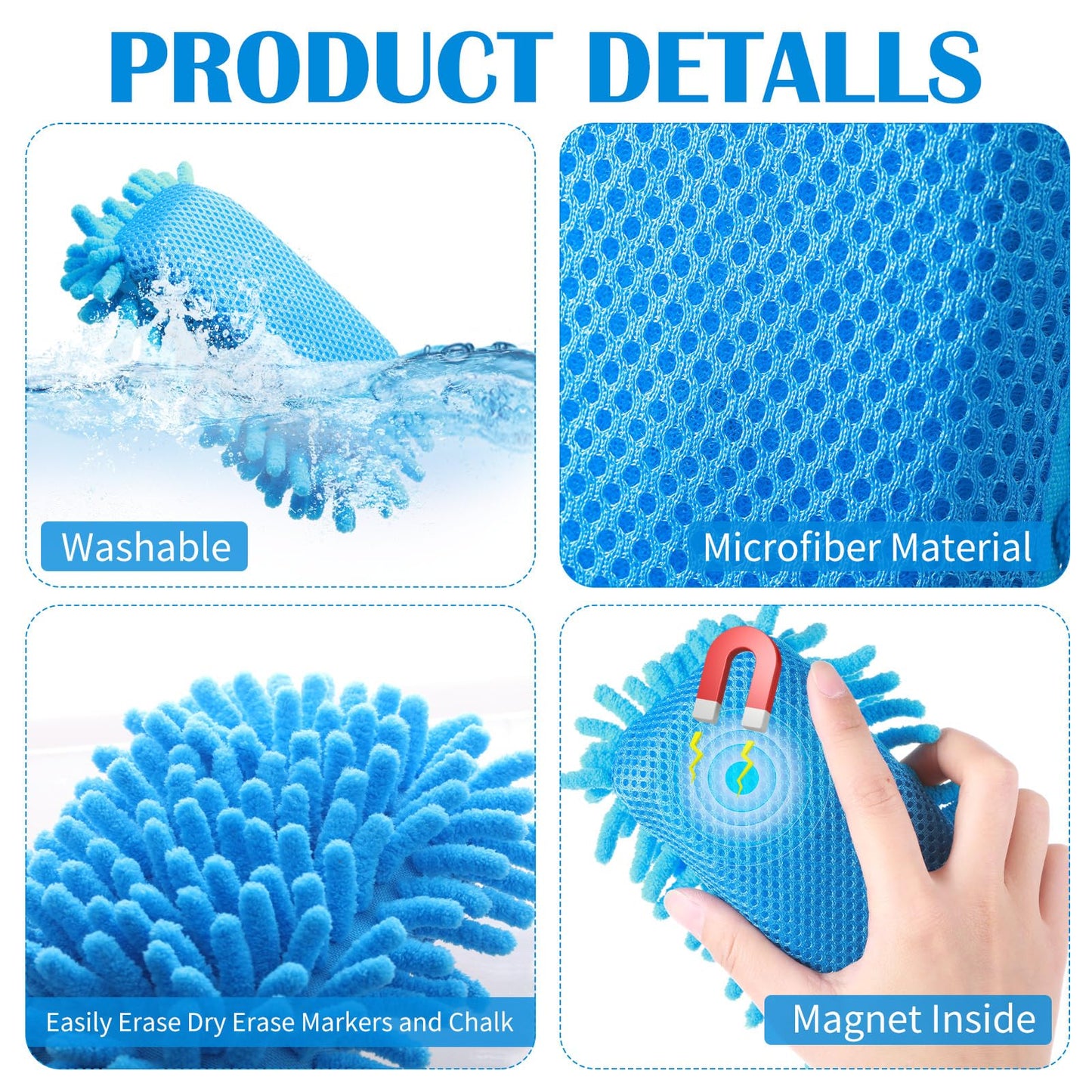 Sherr 30 Pcs Microfiber Shag Dry Erasers Bulk Magnetic Whiteboard Eraser Washable Colorful Chalk Board Eraser Markers Chalk for Adults Home Office Supplies(Blue)