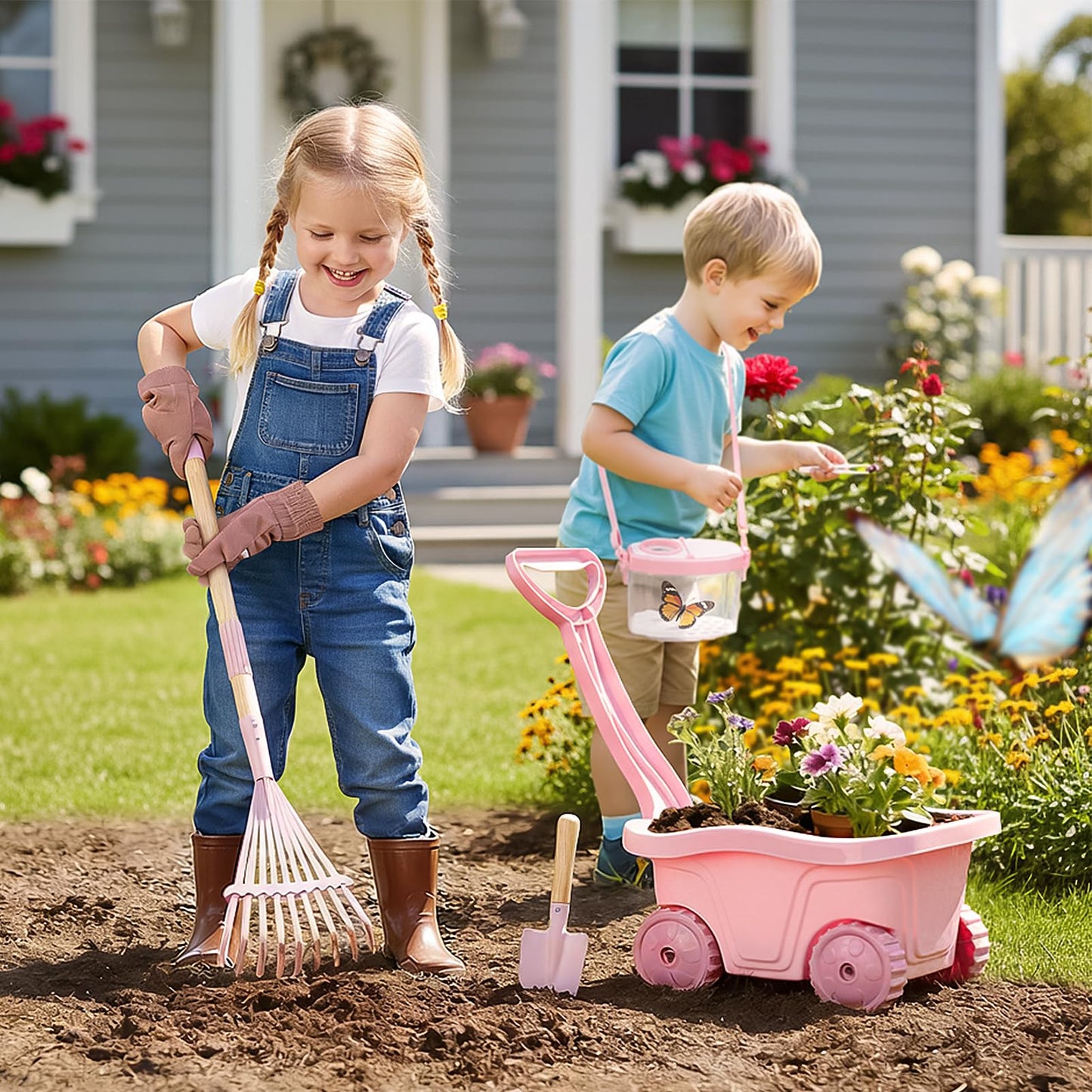 Dreamon Kids Gardening Tools & Bug Catcher Kit, 2-in-1 Outdoor Toys with Wheelbarrow and Bug House, STEM Educational Toys for 3 Year Old, Birthday Gifts Outdoor Gifts for Kids 3-5, Pink