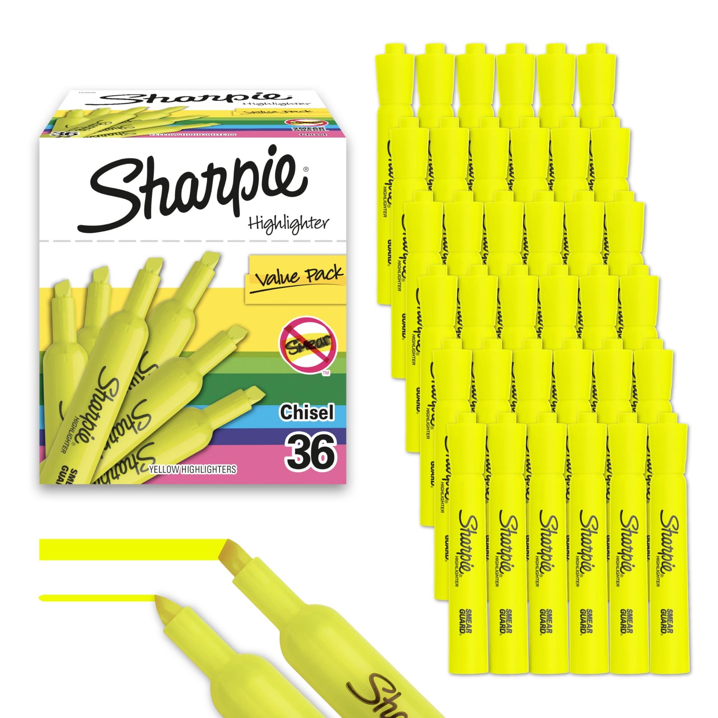Sharpie Tank Highlighters, Chisel Tip, Yellow Highlighters, Essential Office & School Supplies, Teacher Must Haves, Quick-Drying, Smear-Resistant, Bulk 36-Pack