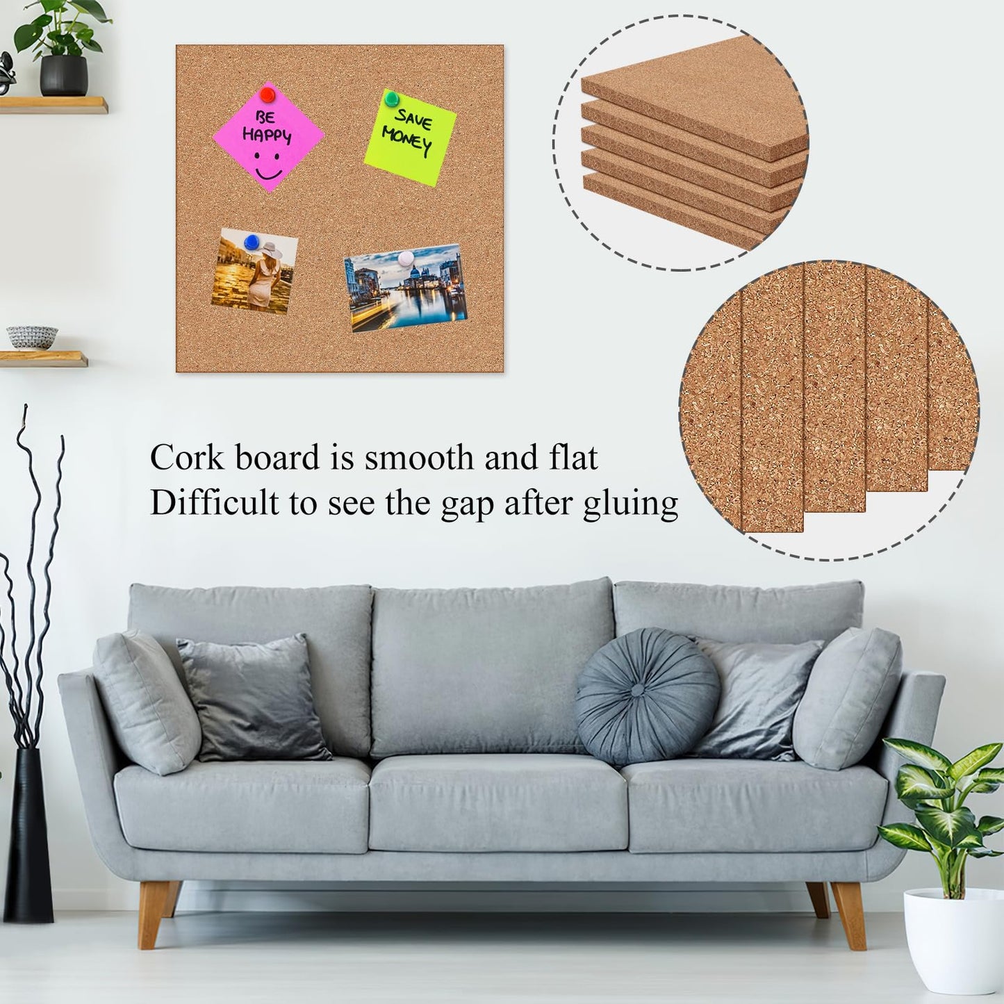 NACHLYNN Cork Board 6 Pack 12 x 12 Self-Adhesive Corkboards for Wall Square Bulletin Board with 100 Push Pins Frameless Cork Tiles for Walls Home Office