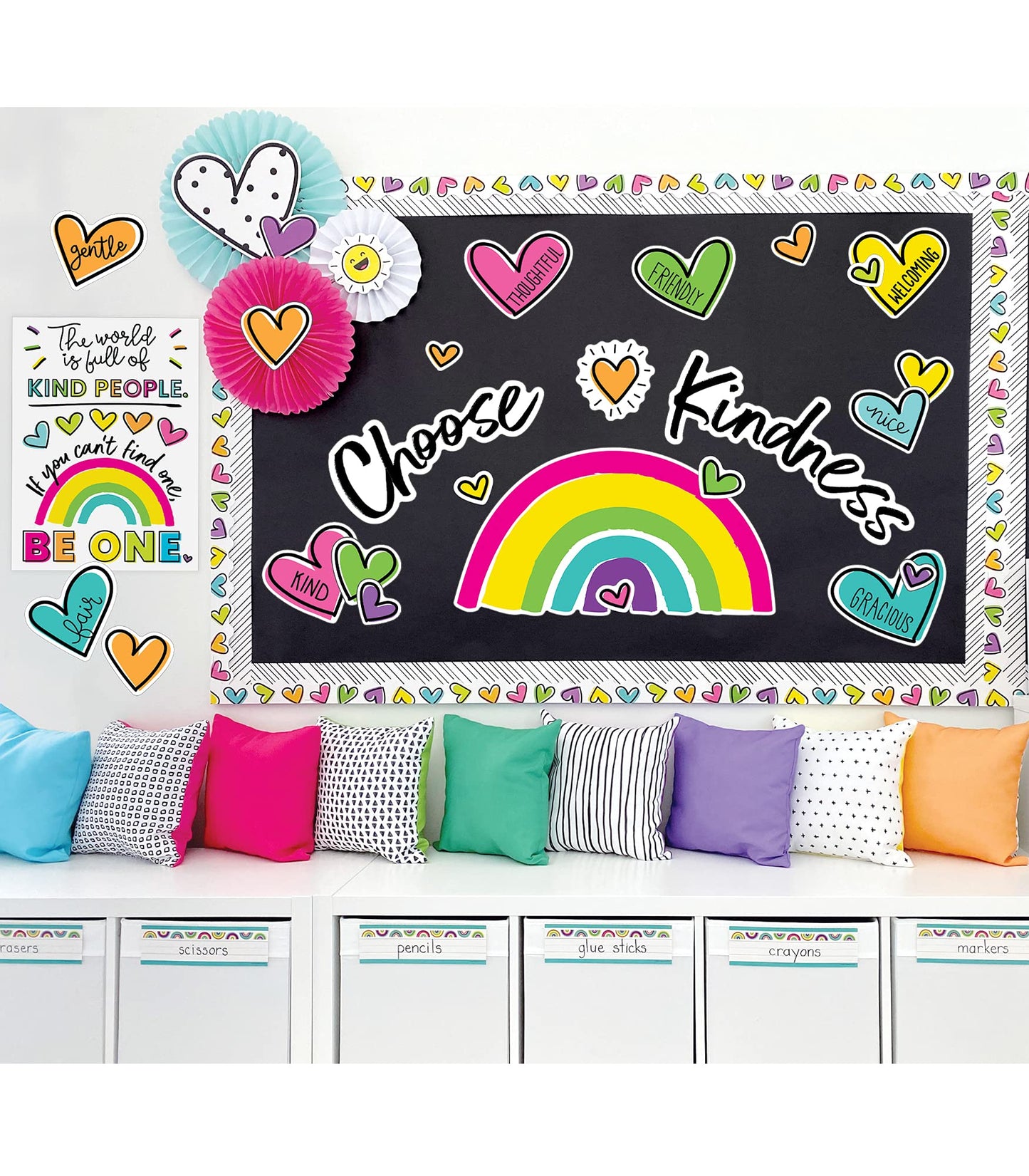 Carson Dellosa Kind Vibes 75 pc Bundle Motivational Bulletin Board Set, Poster, Rainbow, and Heart Cutouts with Positive Affirmations, Classroom Decor