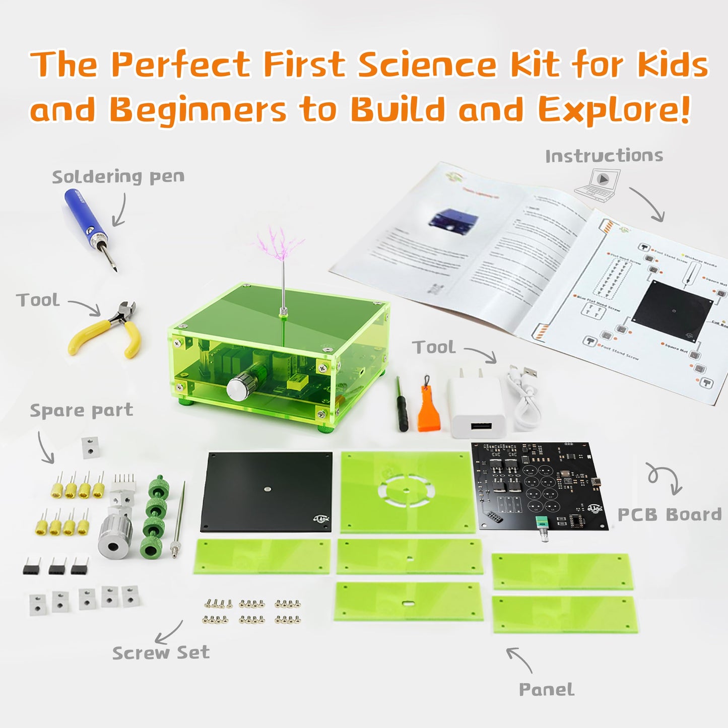 eUda+ STEM Tesla Lightning Kit for Kids&Adults Science Kits for Kids Age 12-14 Electronic Stem Kits for Kids Age 14-16 Toys for Teenage Boys 16-19 Build Your Tesla Coil Kit (Soldering Version, BFG)