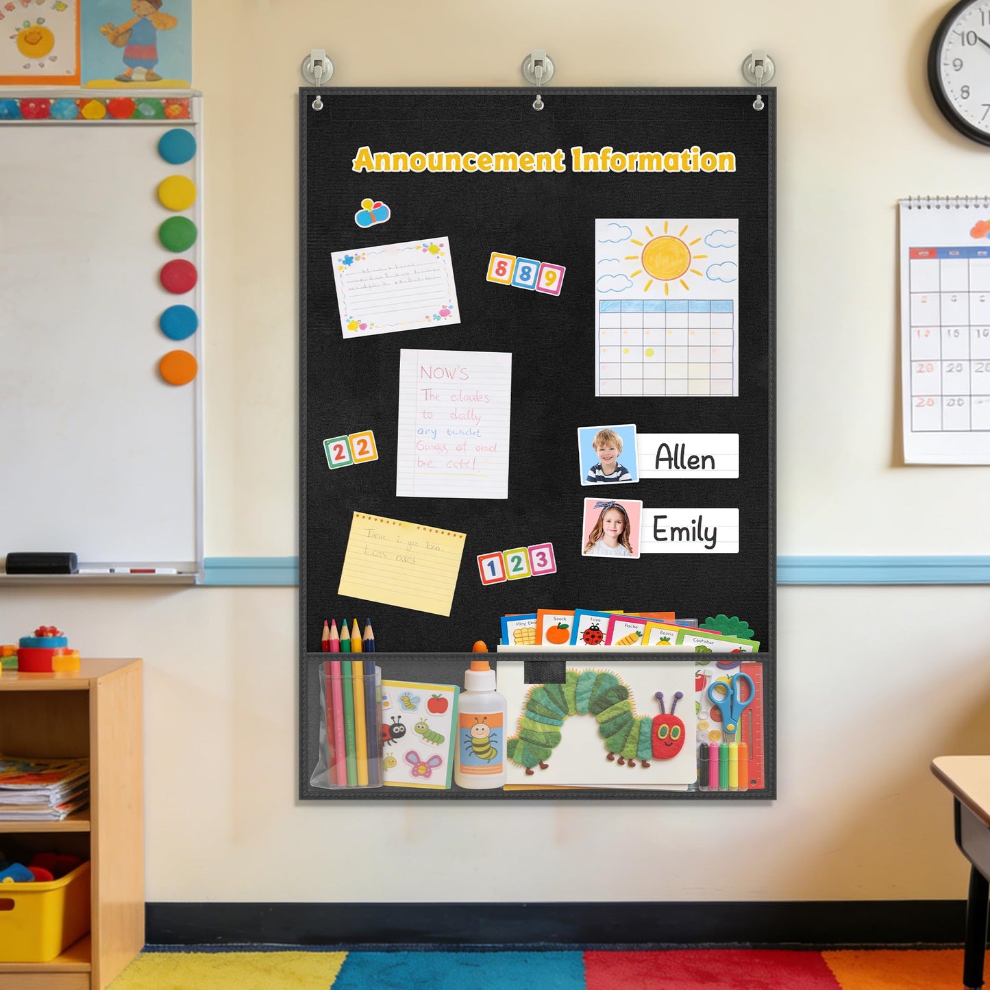 AKAYOK 24"x36" Felt Board for Classroom & Home - Flannel Story Board with Magnets, Transparent Pocket & 30 Self Adhesive Dots | Interactive Learning, Visual Schedule, Storytelling for Teachers & Kid